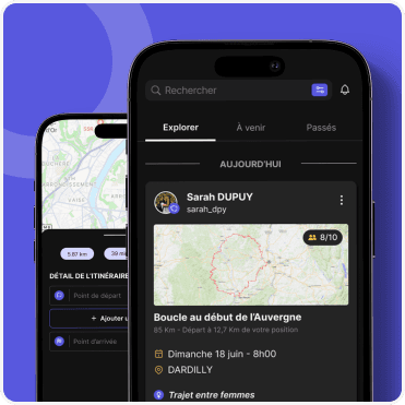 Fil d’exploration des balades moto dans l’application On Wheels avec liste des trajets disponibles