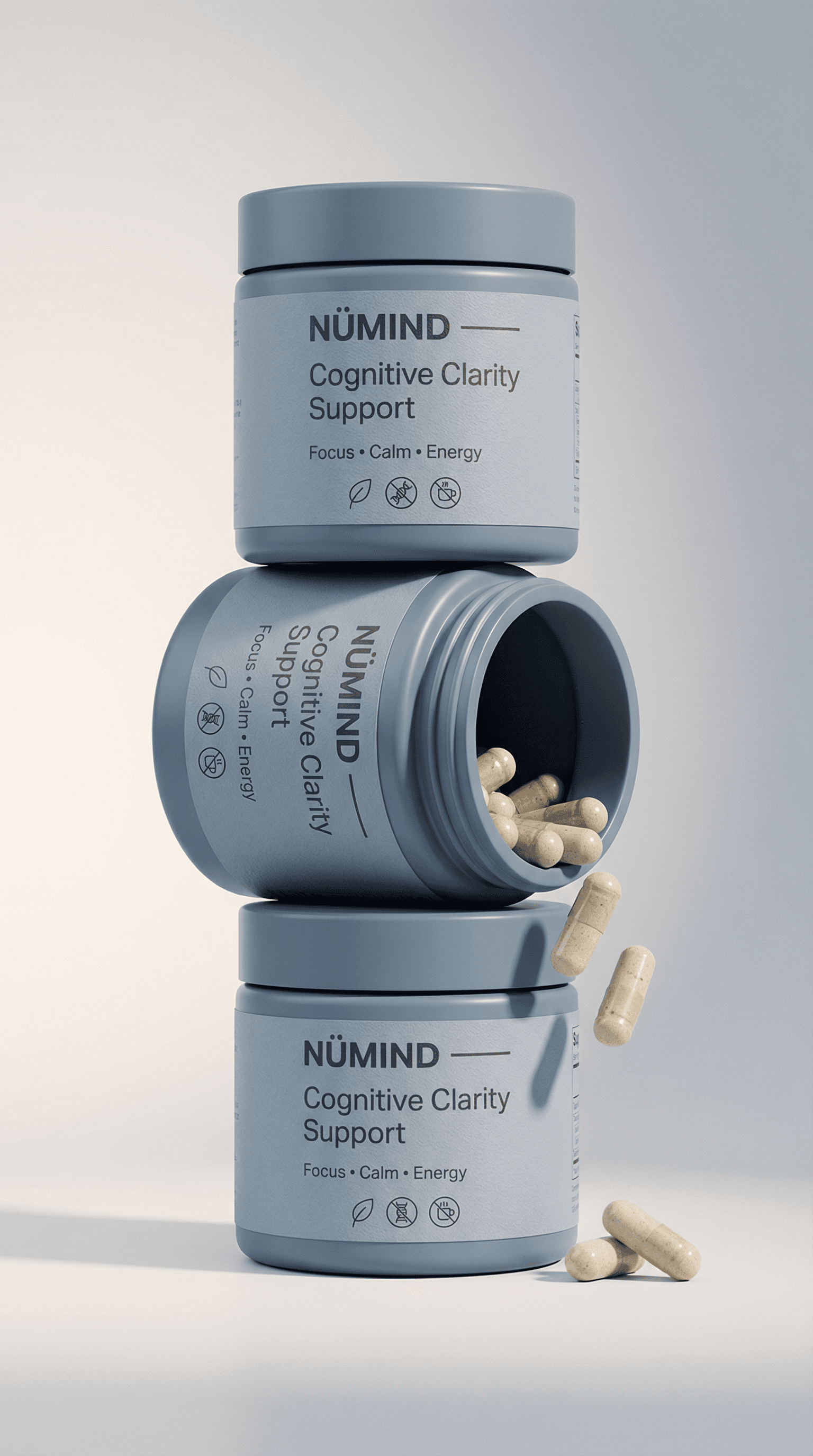 NÜMIND Cognitive Clarity Support supplement jars stacked with capsules spilling out