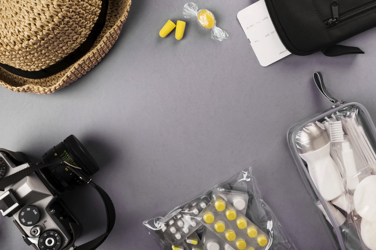 Overhead view of consumer goods lying on a table