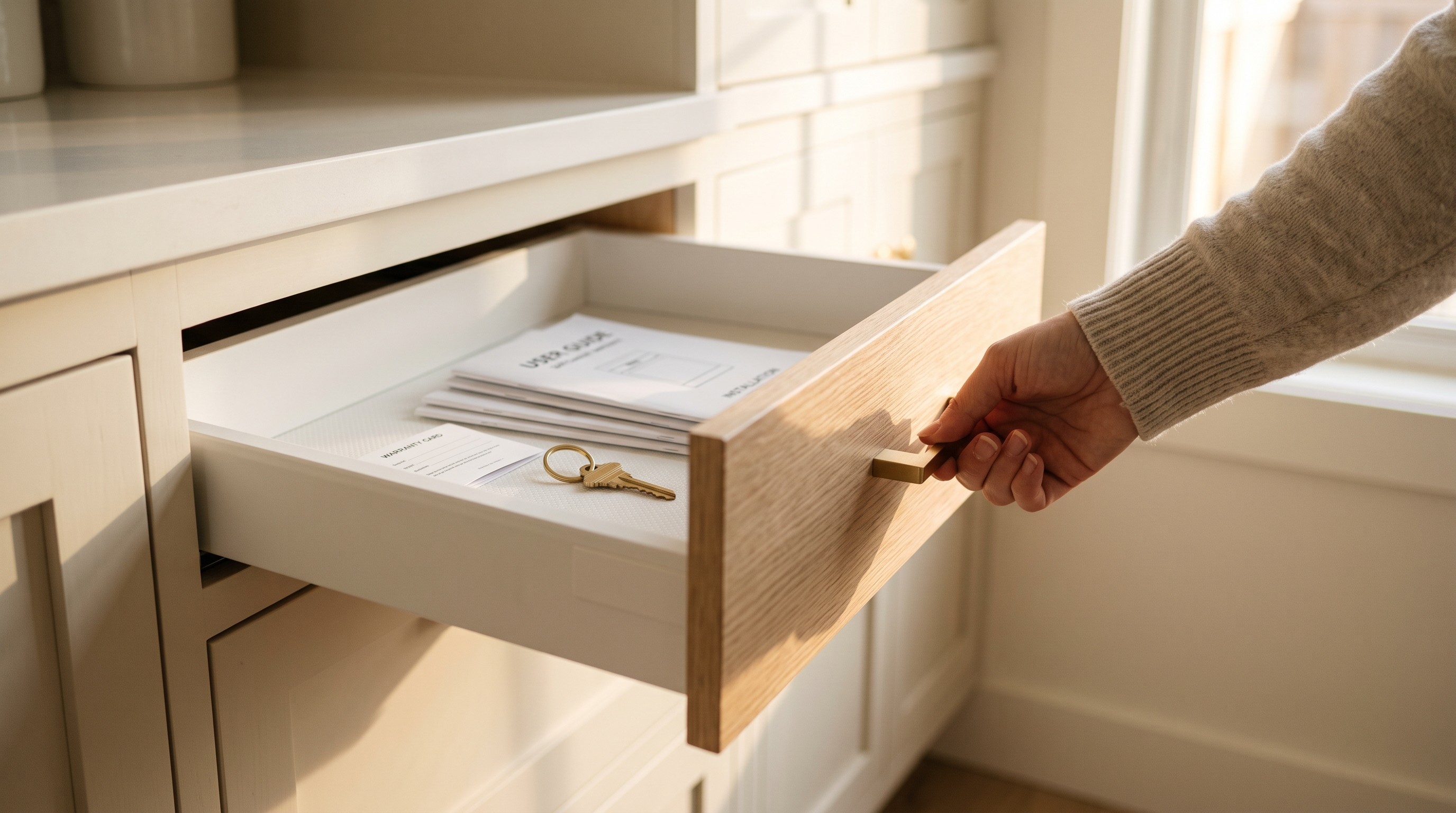 A drawer opened to manuals, a warranty card and a key