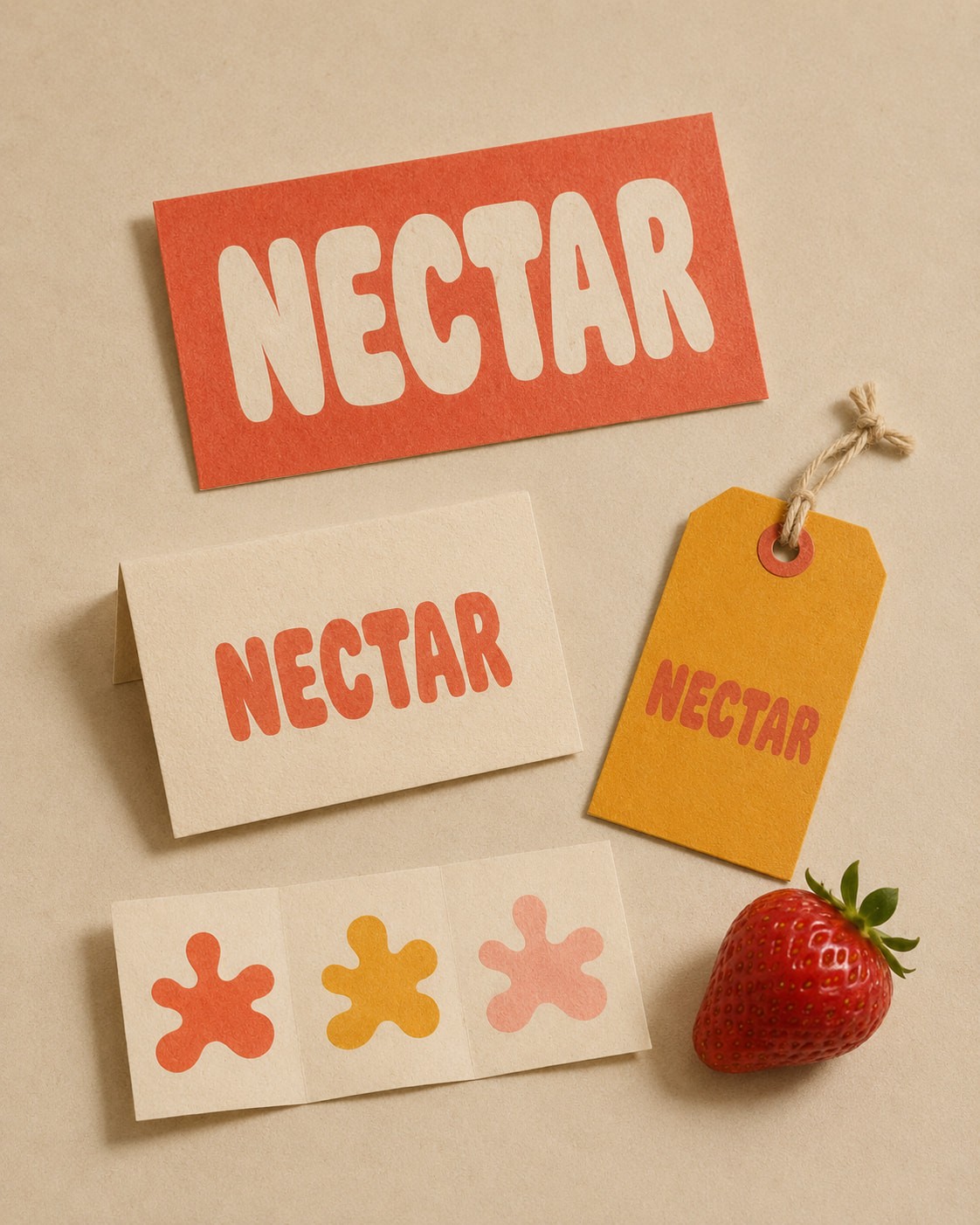 Red and beige cards with "NECTAR" in bold, playful letters are arranged on a brown surface. A yellow tag and a fresh strawberry add a vibrant touch.