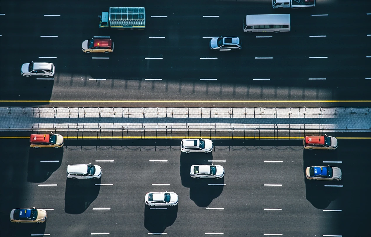 Overhead view of a busy freeway, representing motor vehicle accidents that can lead to wrongful death claims