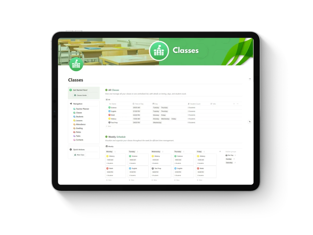 Thumbnail of Notion template for teachers and education featuring an iPad mockup displaying ‘Classroom Manager’ title with vibrant green accent colors.