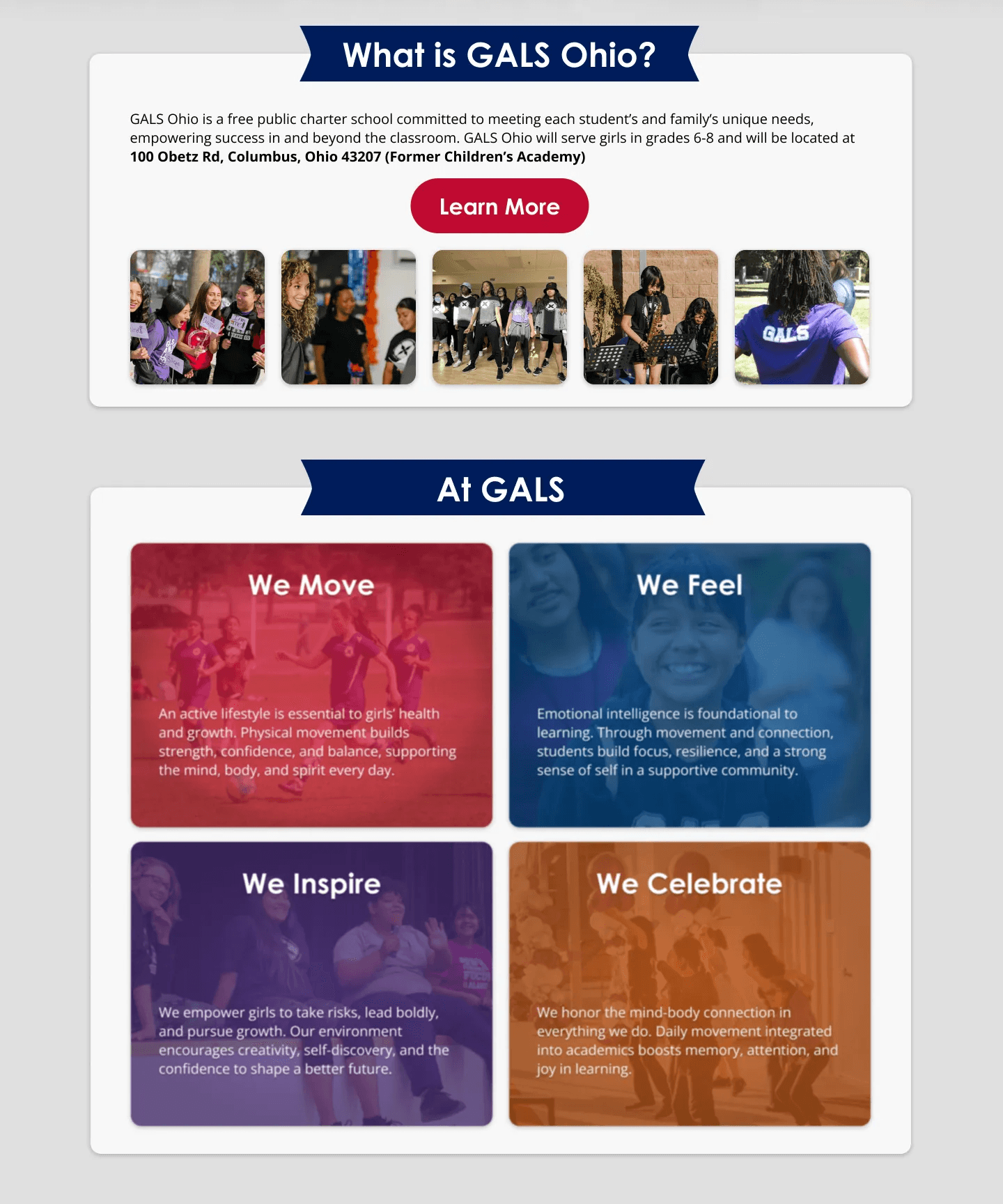 Landing page sections introducing GALS Ohio’s mission, enrollment events, and supporting information in a clear scrolling sequence.