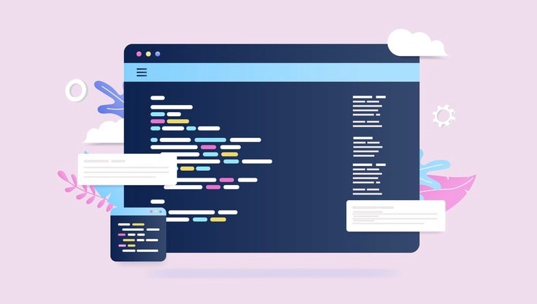A developer is focused on optimizing code at their computer, with multiple monitors displaying performance metrics, javascript files, and tools for minifying javascript code. The setup includes a command line interface for analyzing website performance and enhancing user experience by reducing file sizes and improving page load times.