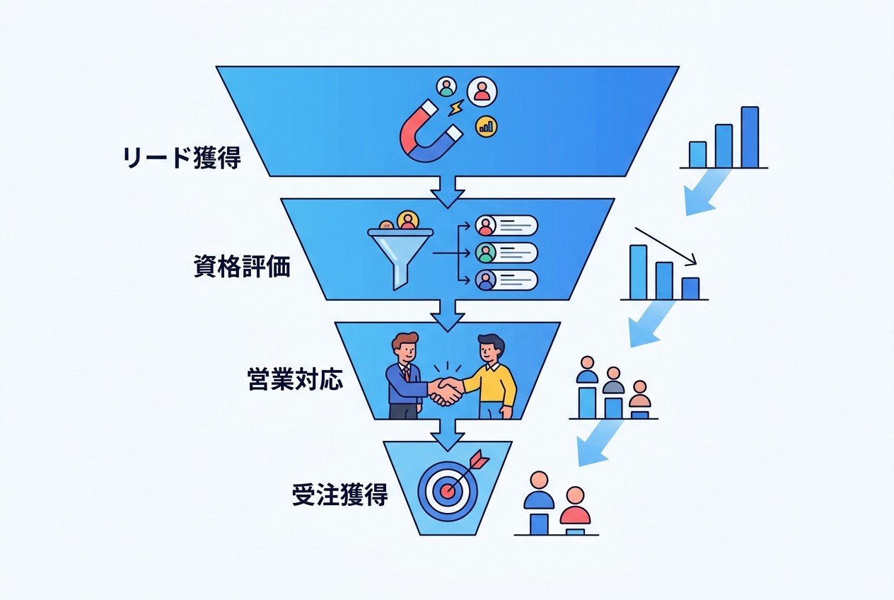 リード獲得から受注までの4段階プロセス。各段階での歩留まり率を把握し、ボトルネックを特定することで全体効率を改善できる。一般的な歩留まり率はMQL→SQL：30%、SQL→SAL：60%、SAL→受注：25%程度。