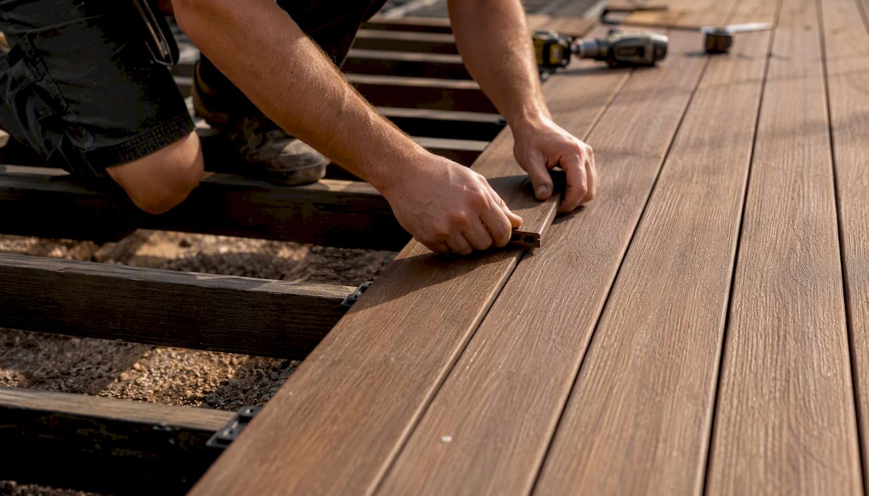 Hands fastening composite deck boards