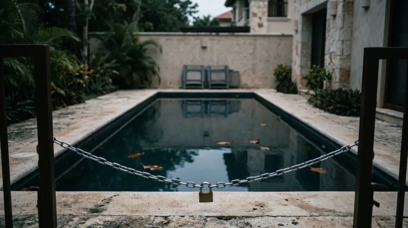 A chain hooked across the gate of a small private pool at a Riviera Maya house on an overcast afternoon, with loungers folded against the wall behind it.