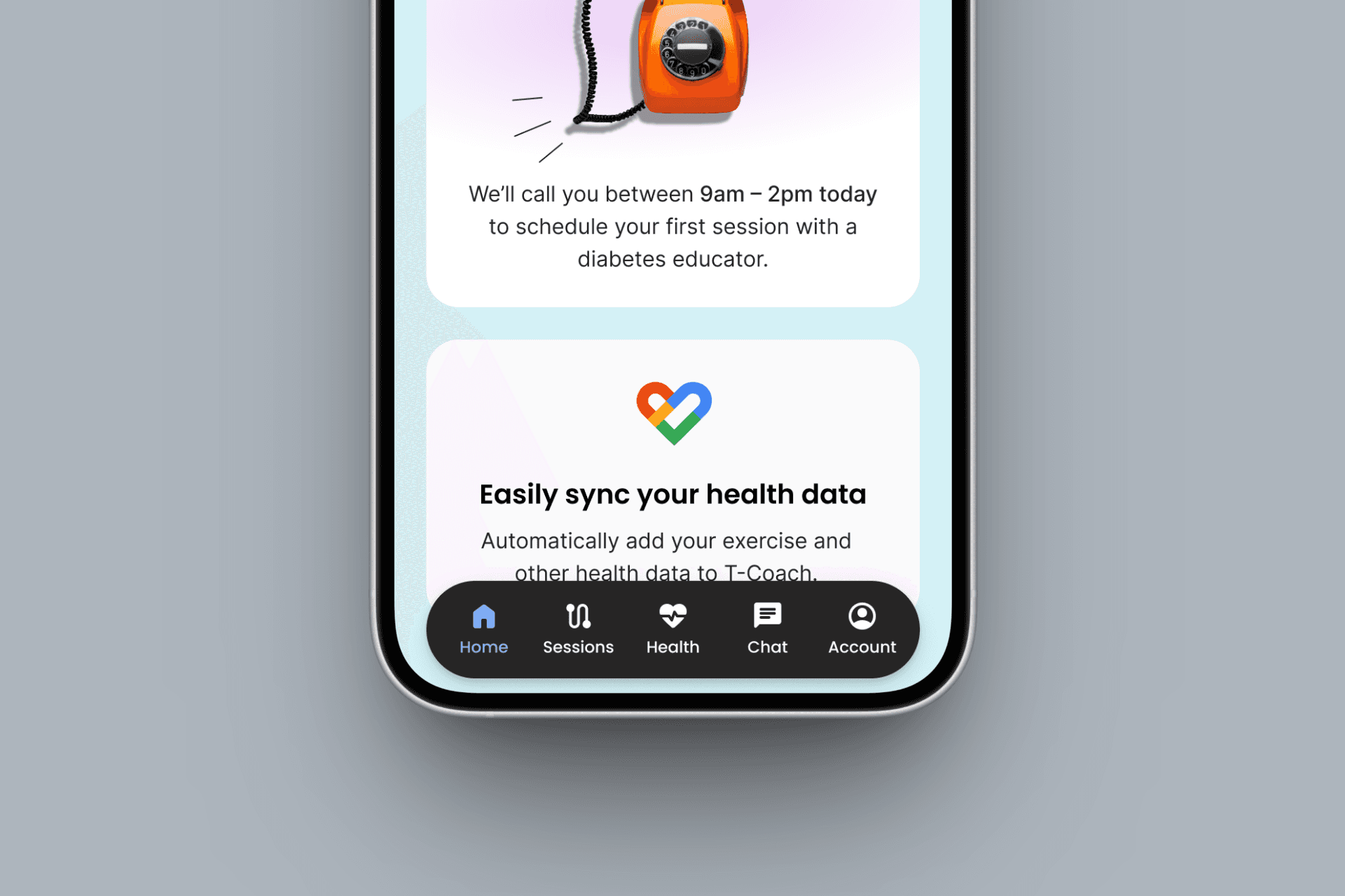 Smartphone screen showing a health app interface. It highlights syncing health data with a multicolored heart icon. Bottom navigation bar includes Home, Sessions, Health, Chat, and Account icons. Tone is informative and encouraging.