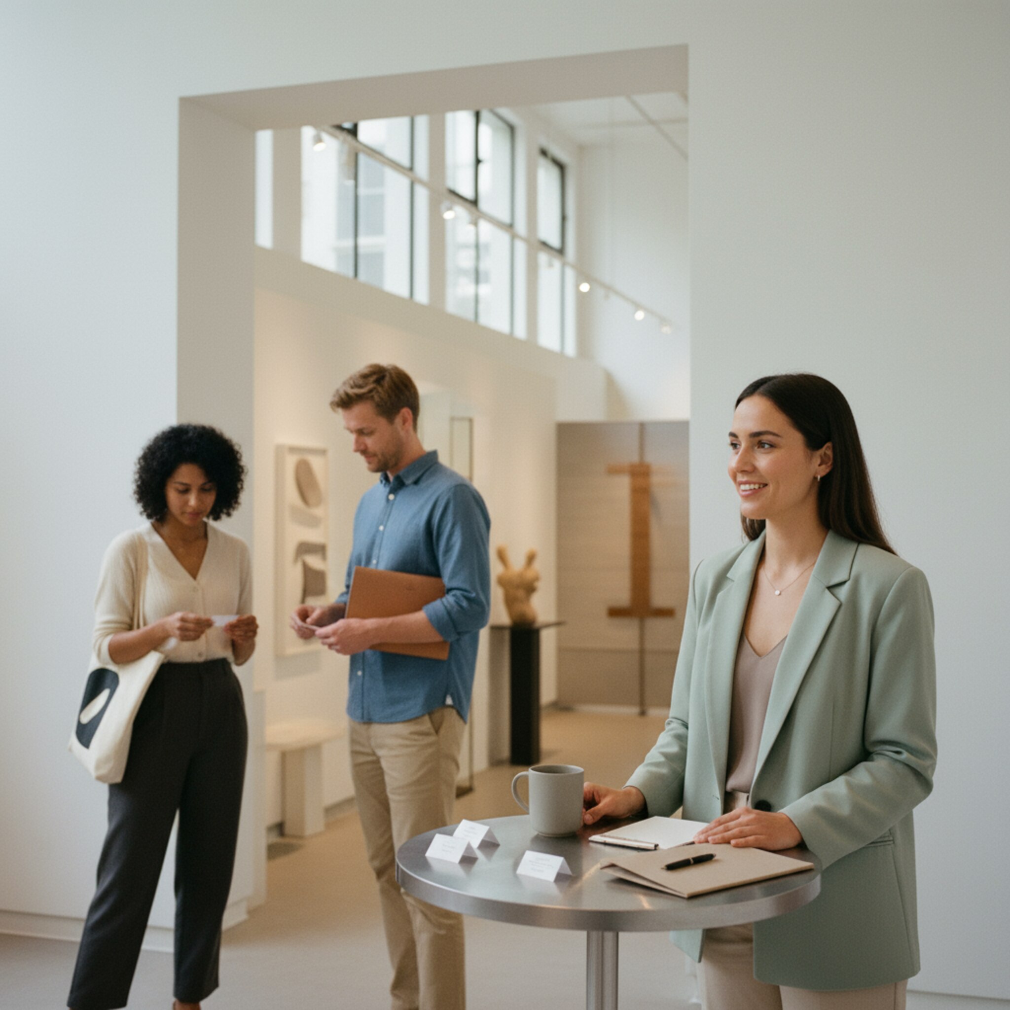 Ein Host begrüßt Gäste an einem diskreten Stehtisch, auf dem Namenskarten und ein schlichtes Notizbuch liegen. Dahinter ein klarer Durchgang zum Showroom. Sanftes Licht und dezente Farben vermitteln Ruhe. Der Moment wirkt organisiert und persönlich.