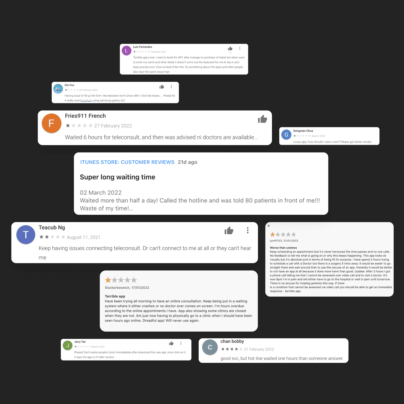 A screenshot compilation of customer reviews from a teleconsultation app on a digital store, highlighting issues like long waiting times and connectivity problems with critical and negative feedback visible.