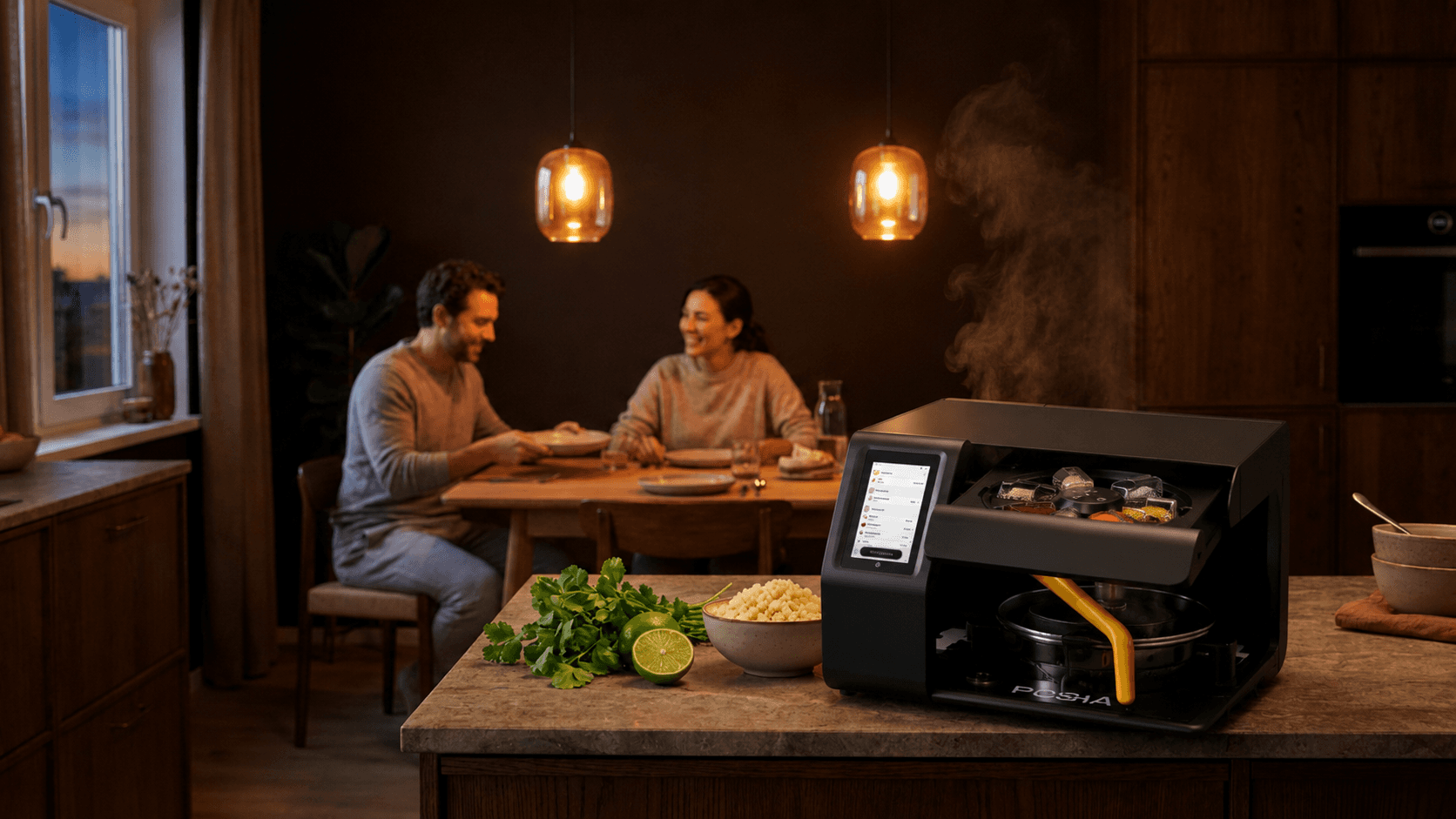 Paleo curry cooking in a smart appliance while couple relaxes at dinner table