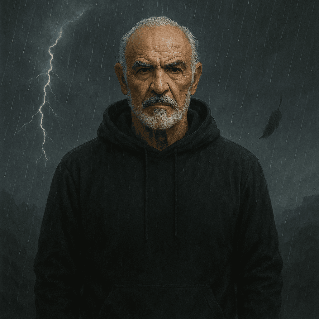 Anti Tate – older man representing a calm, wise alternative to toxic alpha masculinity, standing in a dark, rainy landscape.