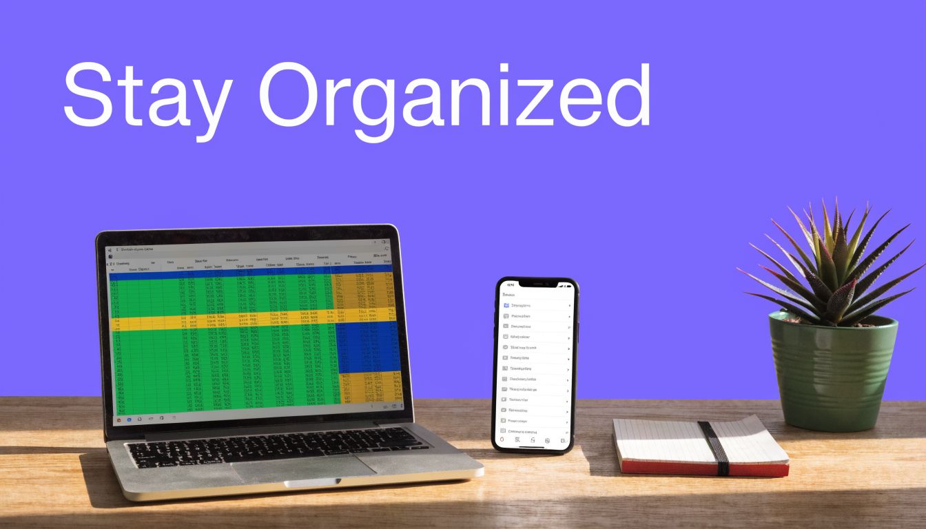 A modern workspace with a laptop displaying a spreadsheet, a smartphone, and a small potted plant.