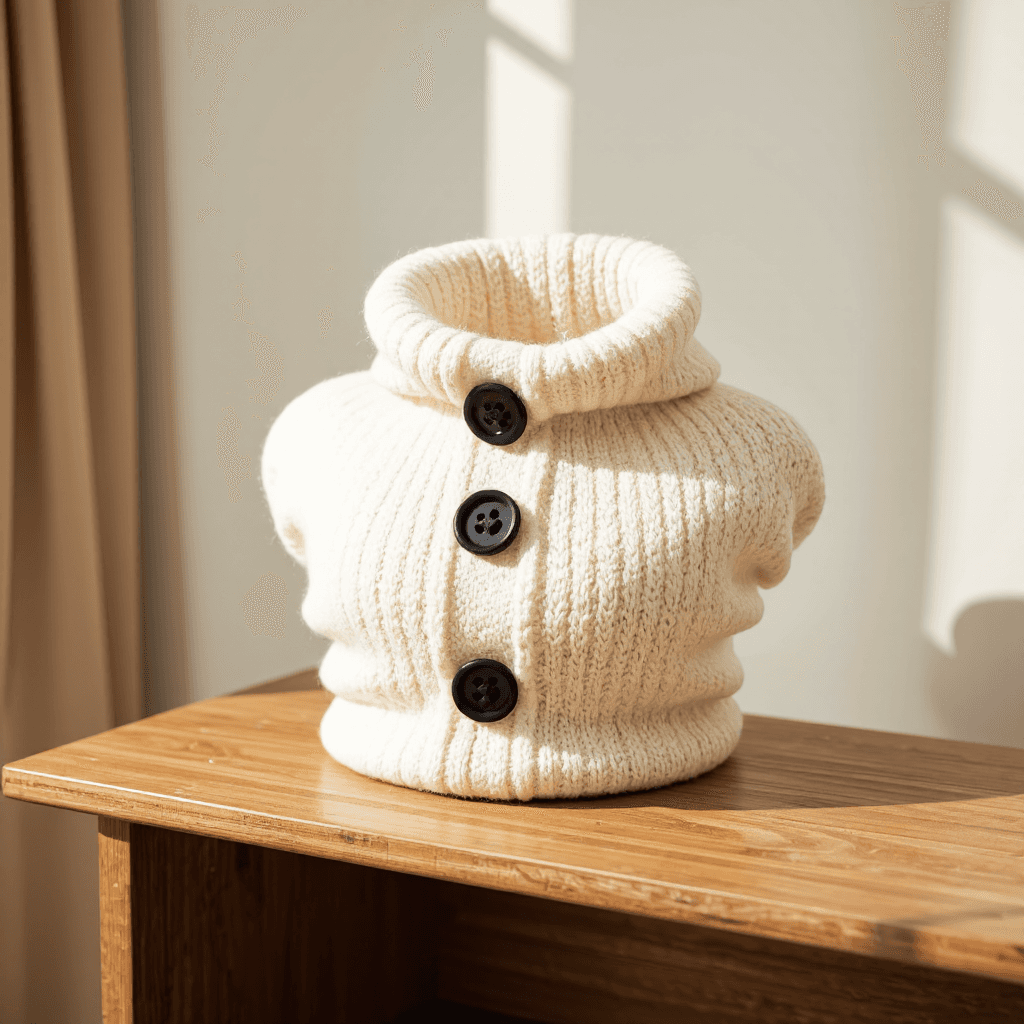 product photography of a knitted neck warmer with buttons, used for warmth and style