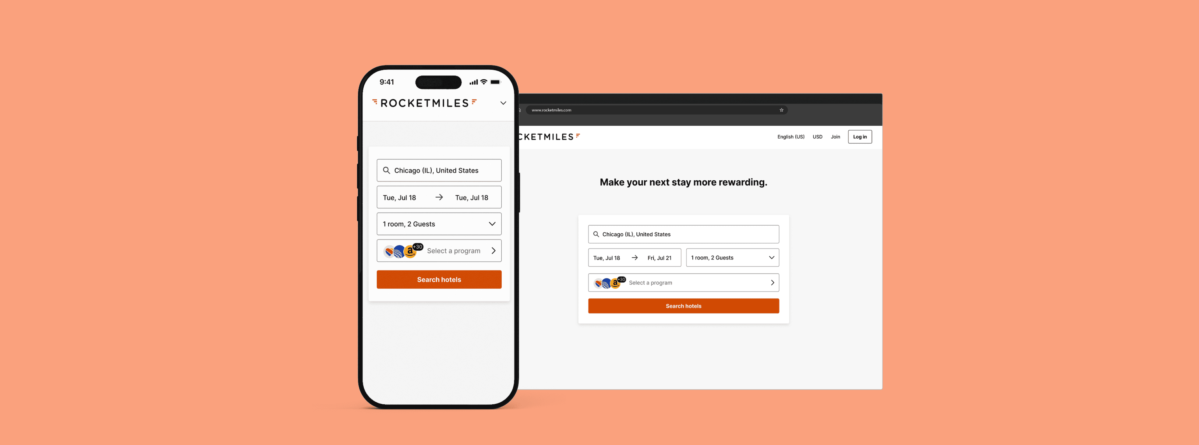 An image of an iPhone showing the new rewards program selector alongside the desktop iteration on an orange background.