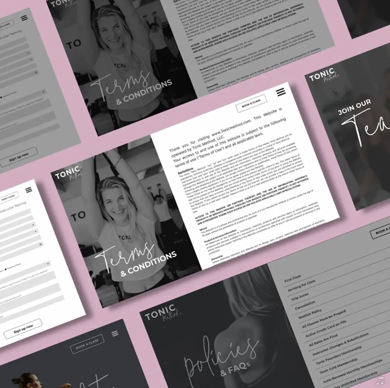 Website pages and brand collateral layout for Tonic Method