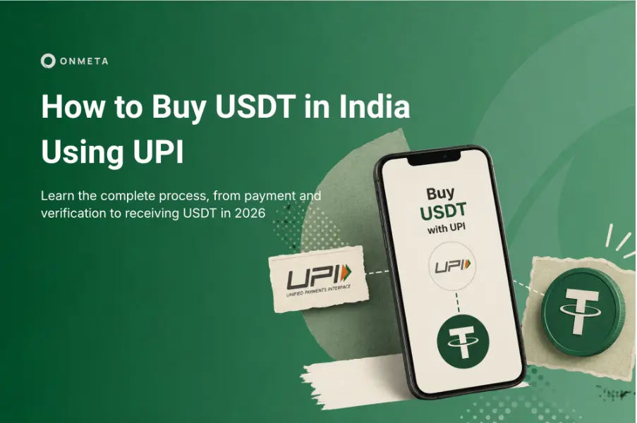 USDT purchase in India using UPI, showing INR payment, stablecoin conversion and delivery to a crypto wallet