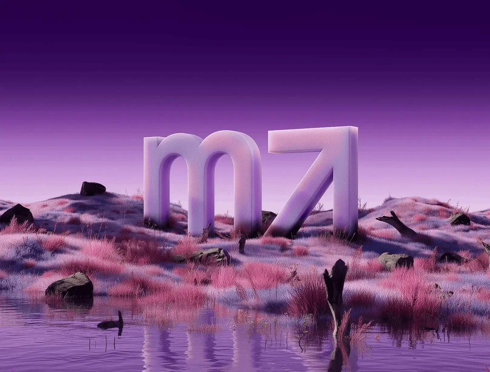 3D Maayasthra logo rendered in a surreal purple landscape with reflective water and soft atmospheric lighting.