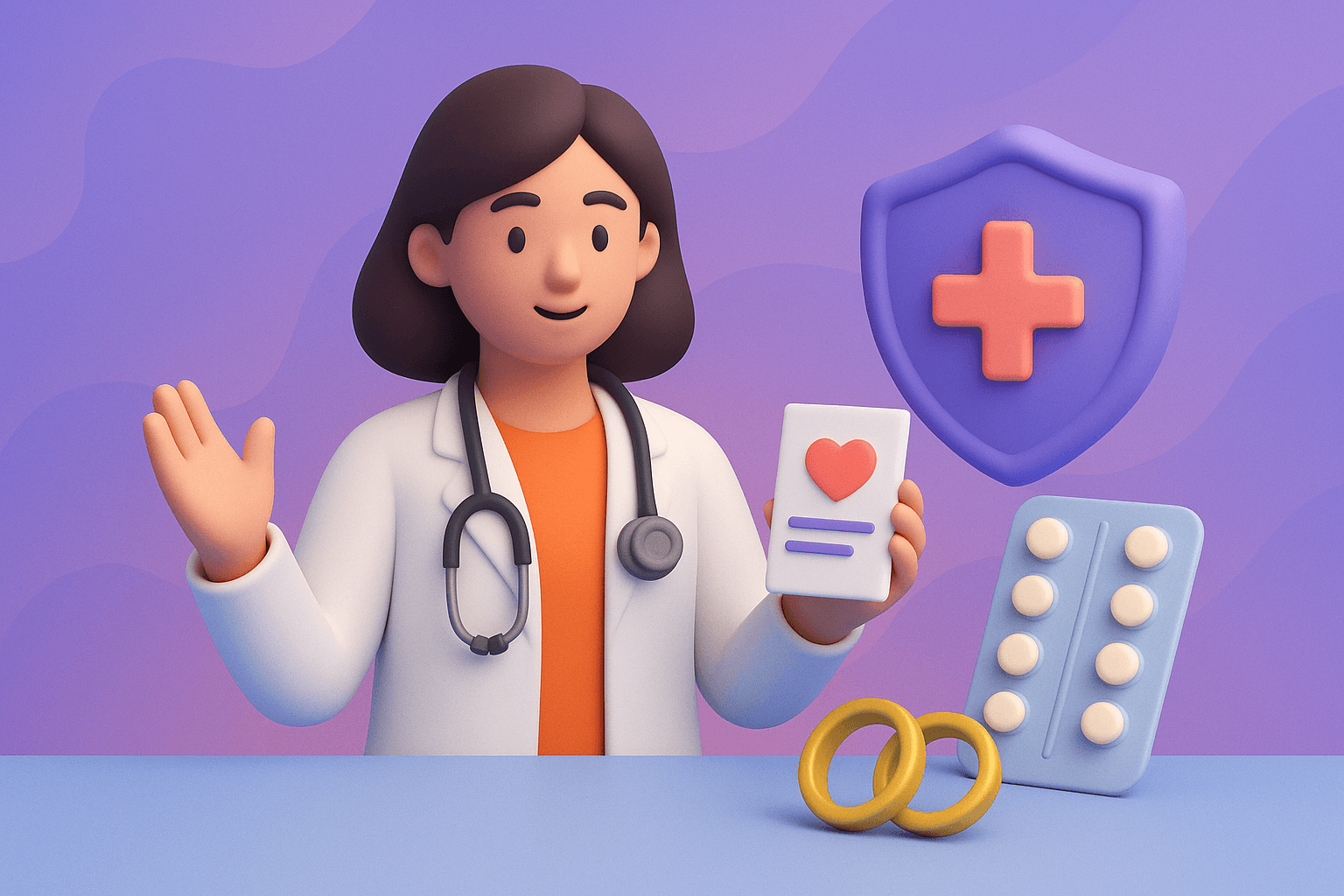 Ilustrasi clay 3D seorang tenaga kesehatan perempuan dengan jas putih dan stetoskop, memegang leaflet bergambar hati. Di sampingnya terdapat blister pil KB, dua cincin emas, dan perisai ungu dengan tanda plus. Latar gradasi ungu–biru lembut dengan bentuk abstrak organik.