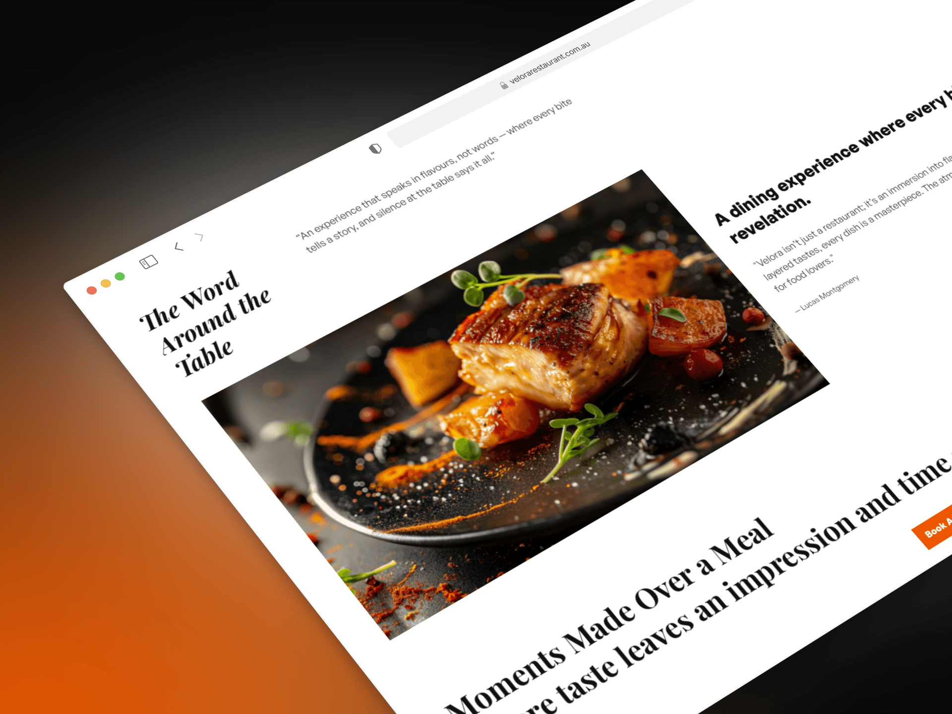 Laptop displaying a detail page of a gourmet dish with circular food thumbnails above, placed on a minimal desk with sculptural decor.