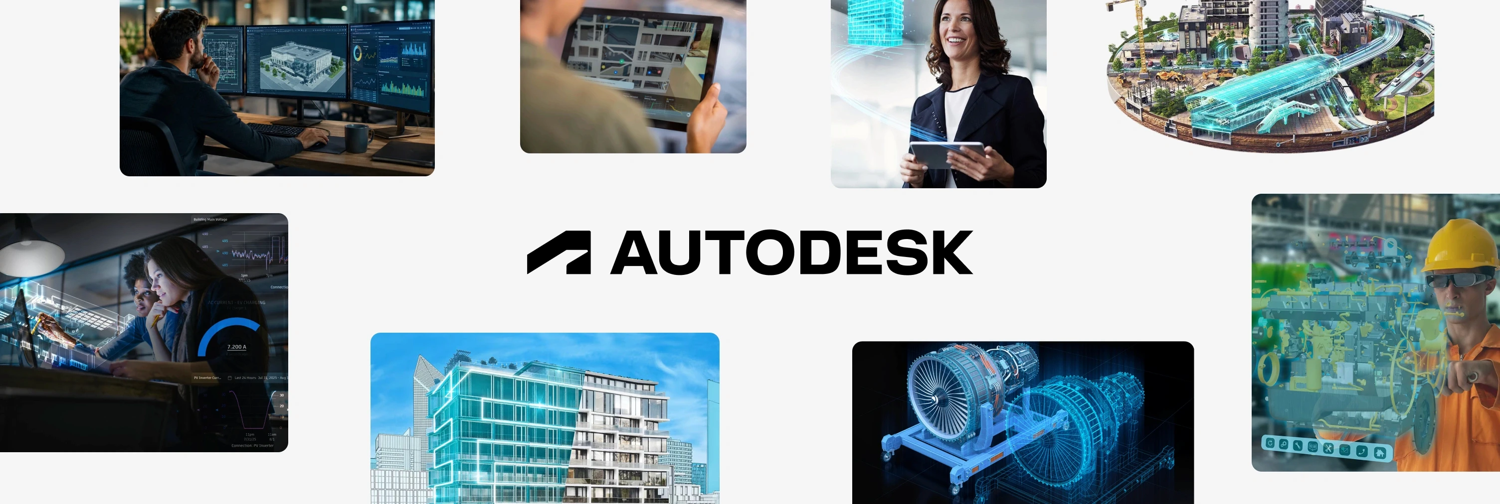 Autodesk logo surrounded by BIM modeling screens, tablet design reviews and infrastructure digital twin visualizations