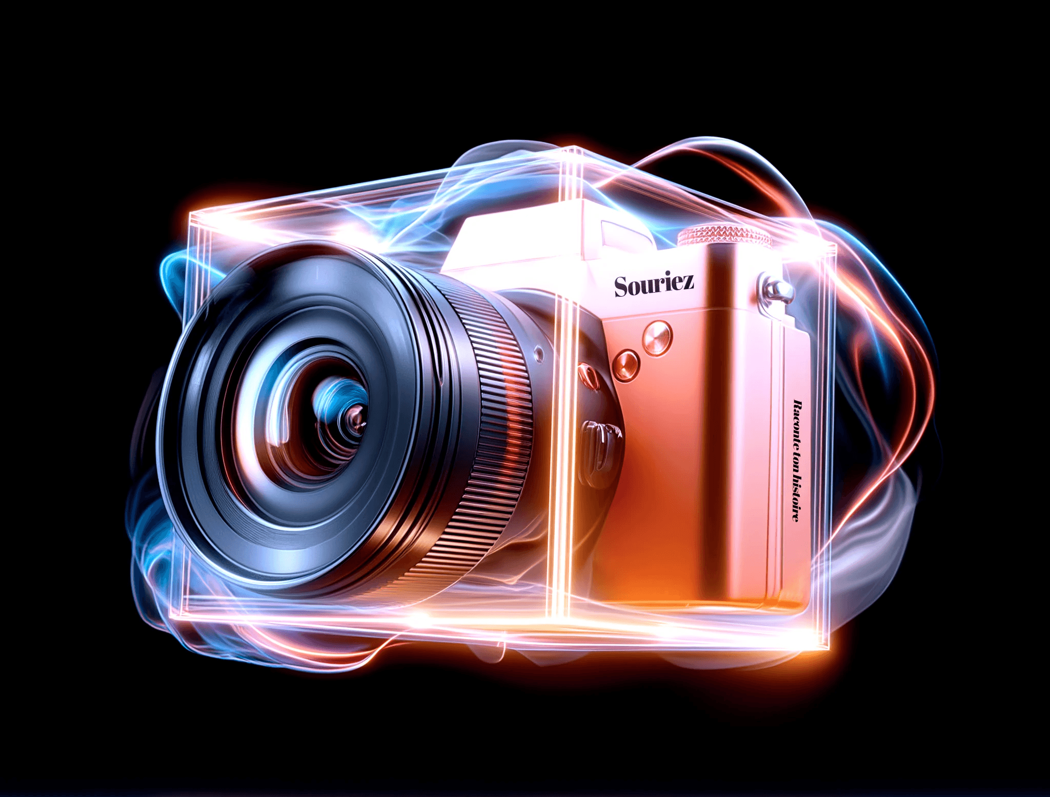 Illustration conceptuelle et futuriste d'un appareil photo hybride (mirrorless) de couleur cuivre ou or rose, représentant la création de contenu Photo & Vidéo. L'appareil photo est entouré d'un halo lumineux de forme cubique, fait de lignes de néon bleu et orange, symbolisant le storytelling visuel et l'innovation digitale. De la fumée stylisée ou des traînées de lumière s'échappent des bords. L'image repose sur une fine plateforme sombre, le tout sur un fond noir. Ce visuel est une métaphore des services de Nux-Studio pour 'raconter en image', illustrant une production vidéo et photo de haute qualité, moderne, et engageante pour le branding digital et les médias.