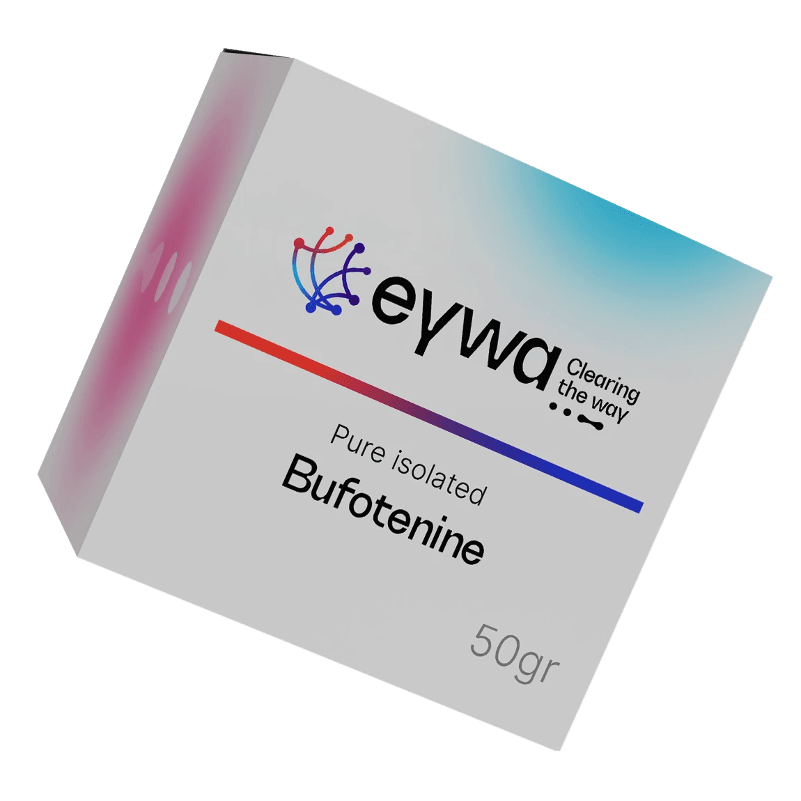A 3D-rendered white box labeled "eywa," containing "Pure Isolated Bufotenine", with a blue and red gradient design.