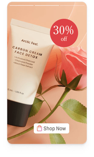 Carbon Cream Face Detox next to rose. Text: 30% off. Shop now button. Instagram Story.