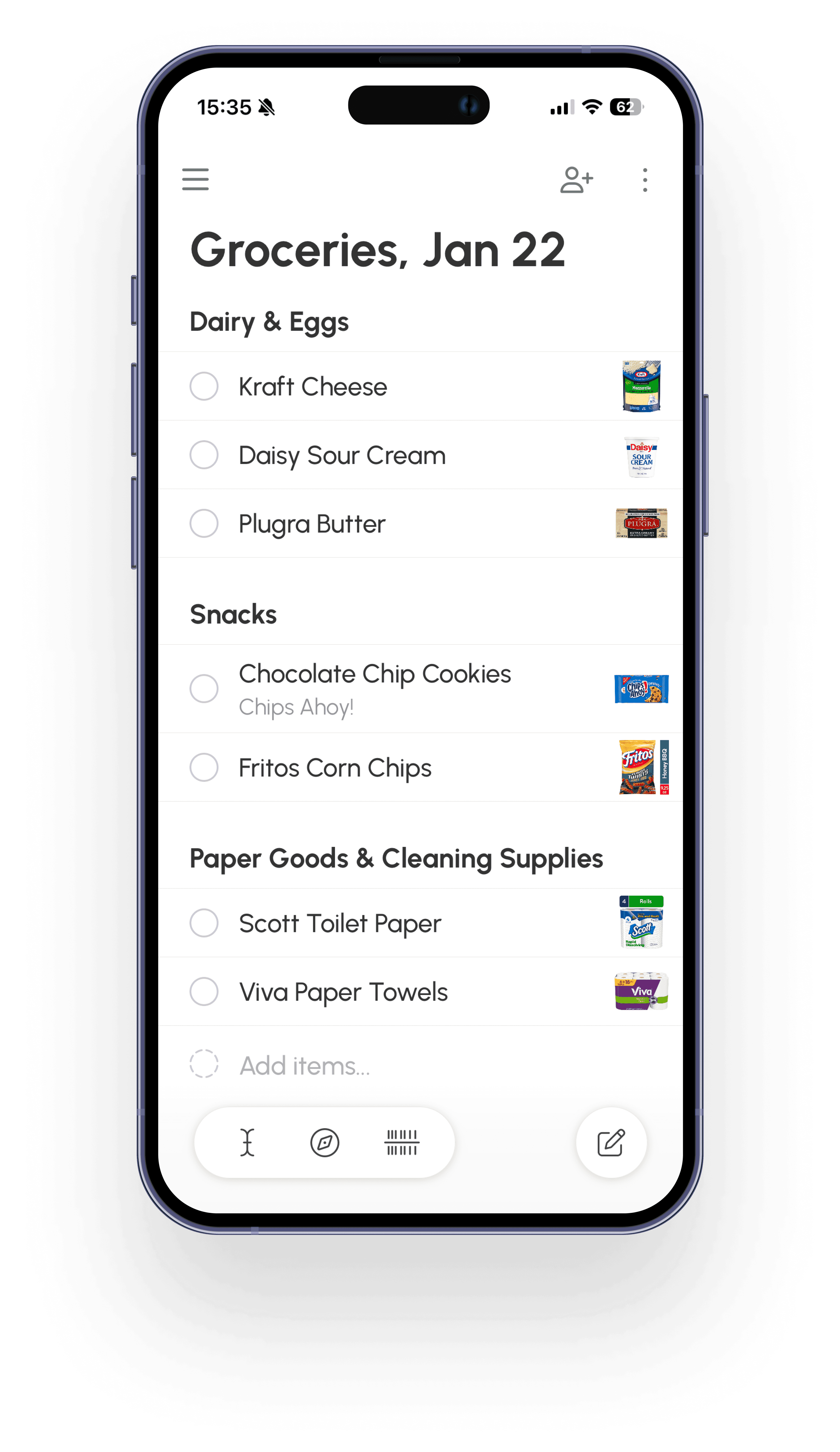 Grocery list organizer app interface showing a simple shopping list for easy supermarket use.