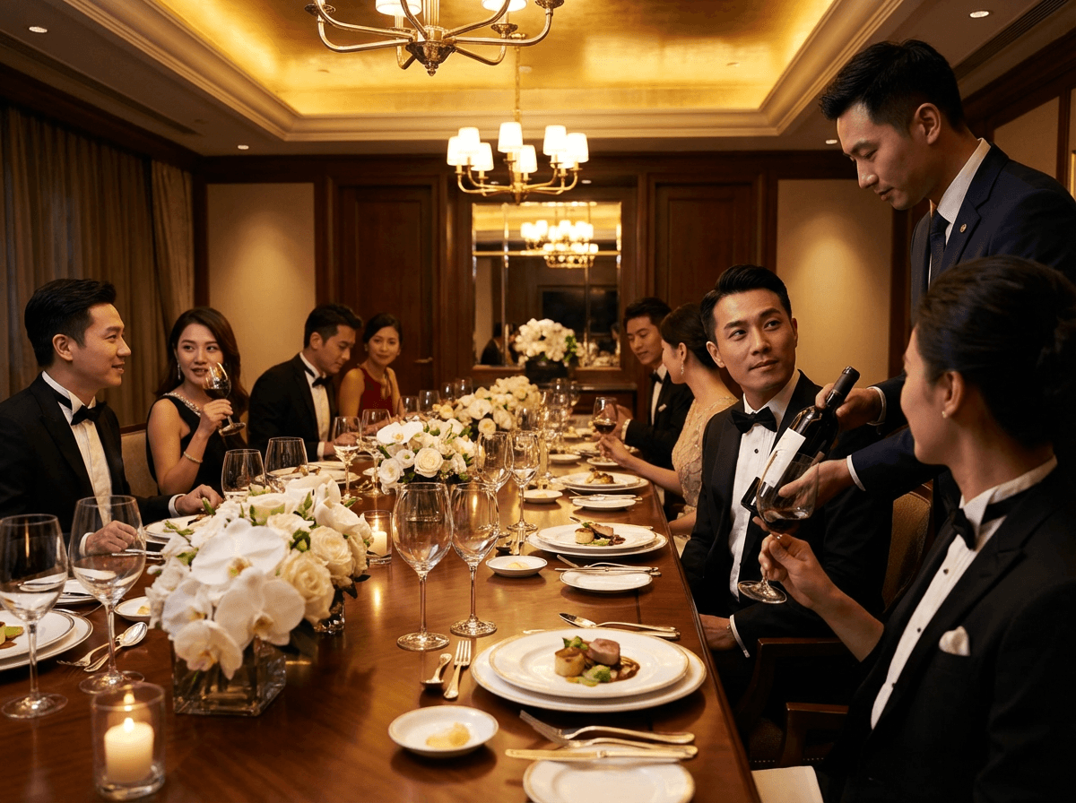 香港高級私人商務晚宴，專業中小型獲客活動策劃，精緻西式餐桌佈置與專業侍餐服務。
