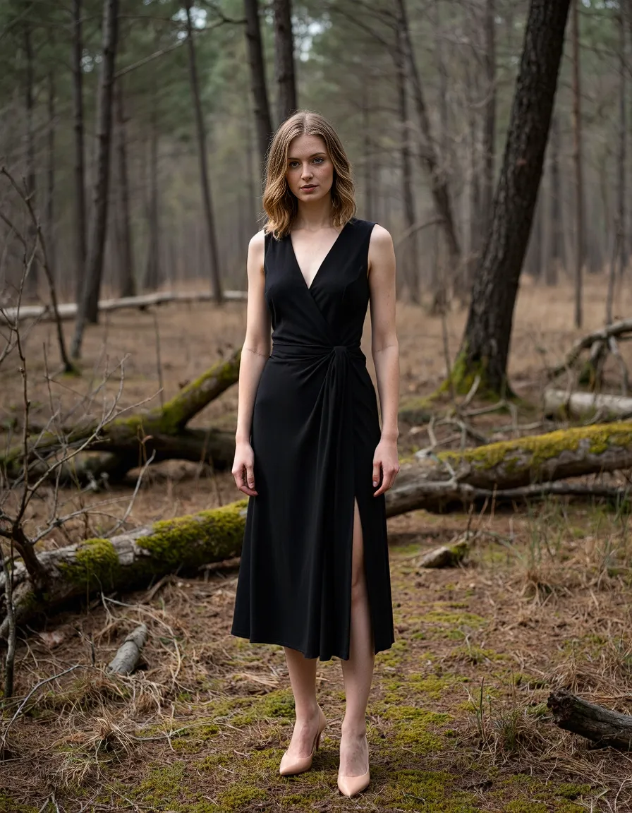 Elegant black wrap dress styled in a moody forest setting with moss-covered logs and tall pine trees creating a dramatic editorial atmosphere