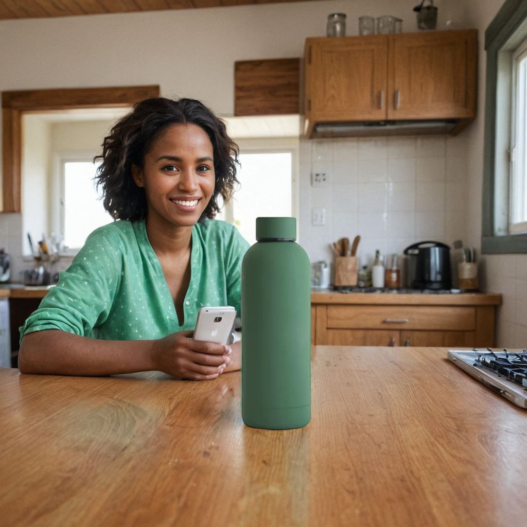 east african woman sat in a wooden kitchen on her phone smiling behind a green bottle