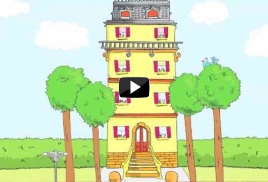 A still image of a cartoon yellow building, with red windows, four green trees and a hedge around it.