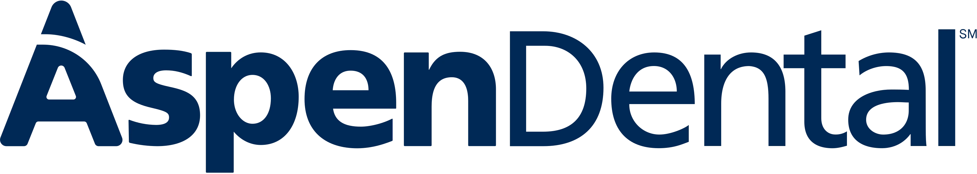 Horizontal Aspen Dental logo in navy blue on a transparent background, with a clean and professional typeface. Simple branding element for use in digital or print formats.