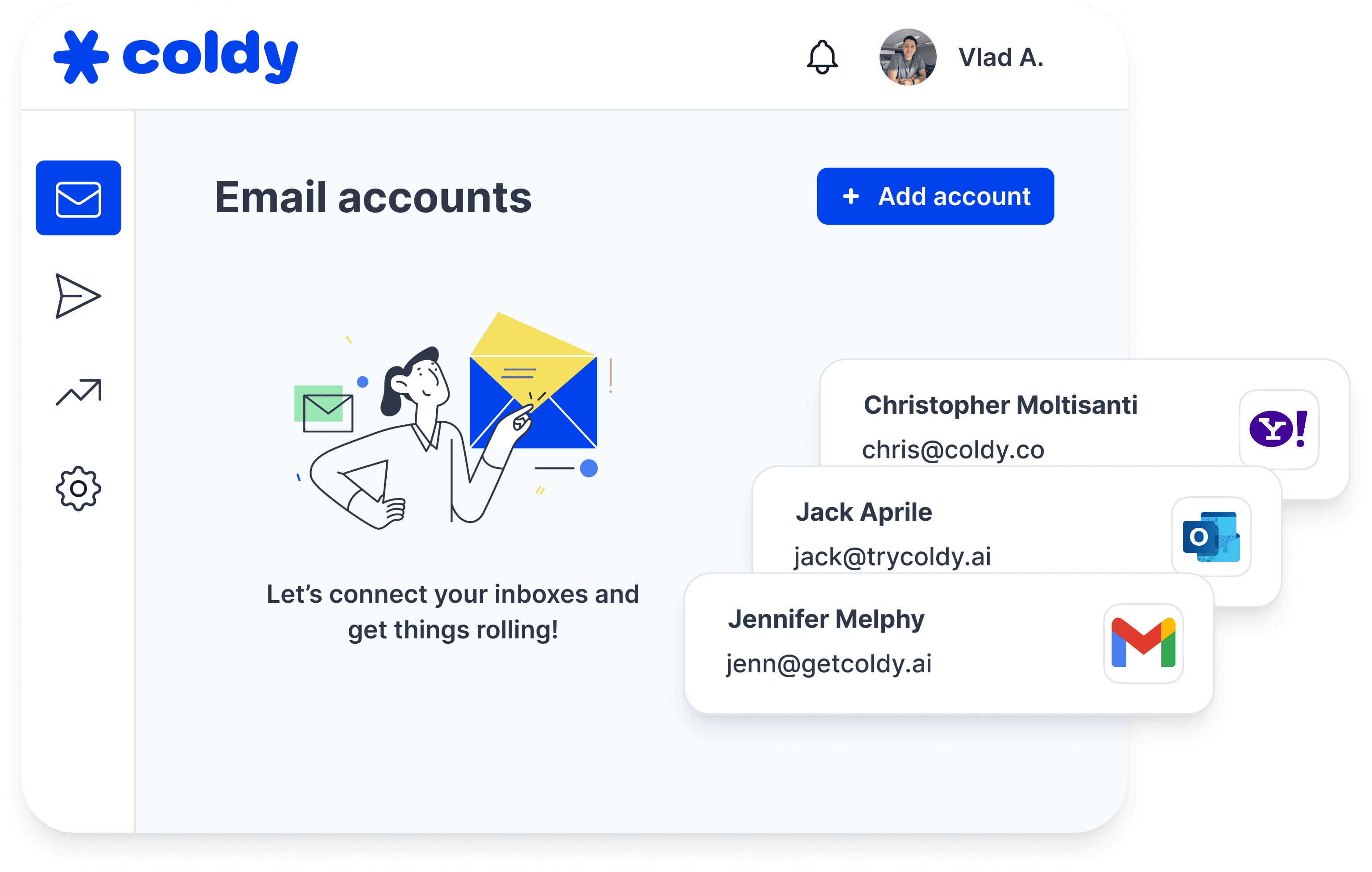 Gmail, Outlook, Yahoo and other email accounts connected to Coldy through integration