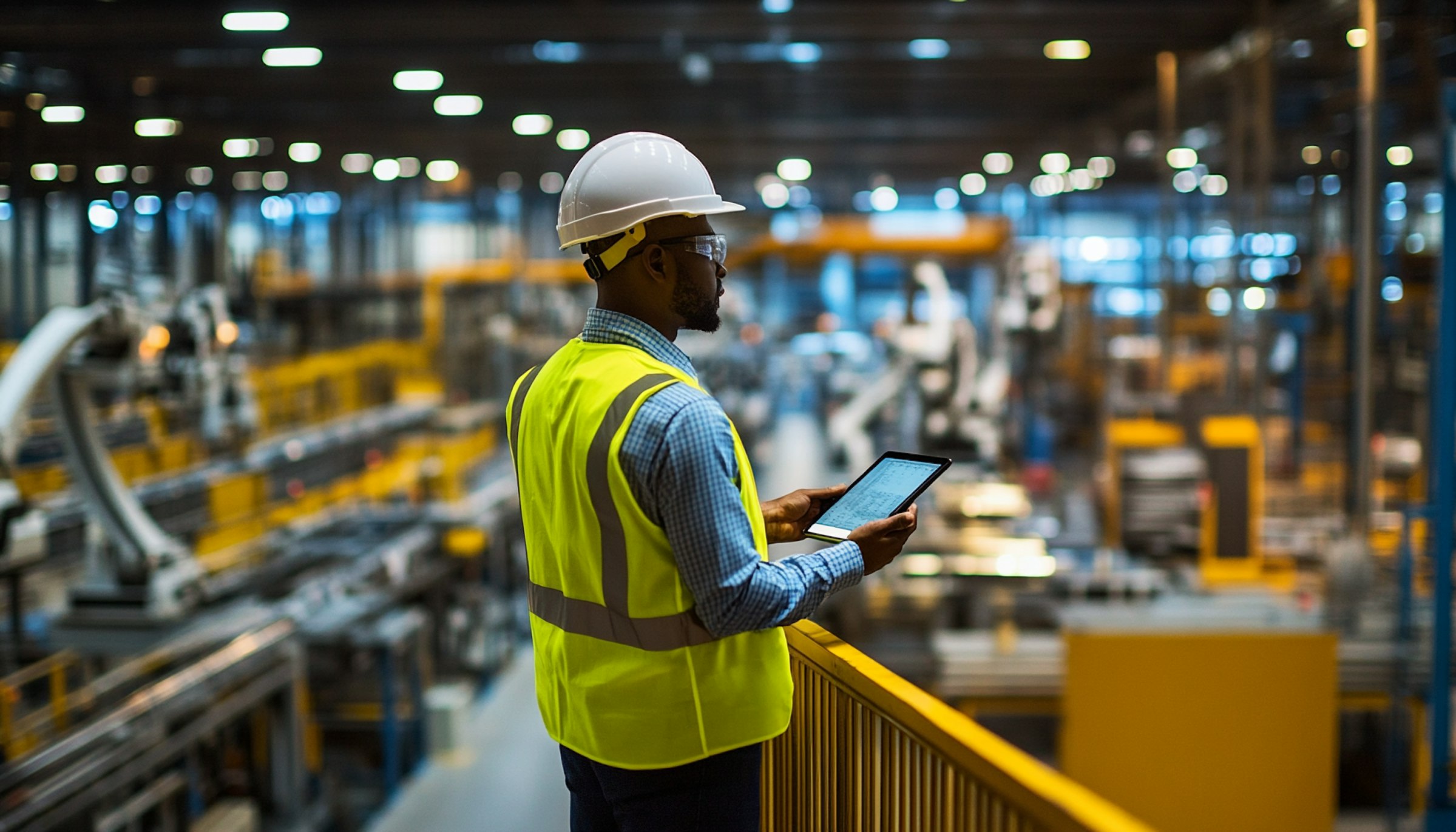 A hand holding a tablet showing a digital safety inspection checklist on a construction site, representing advanced inspection processes