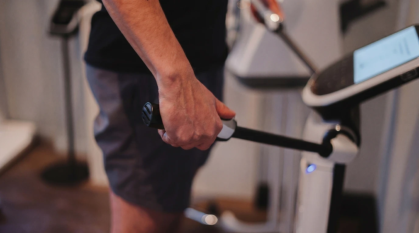 Hand met Bodyflash-polsband op een fitnesstoestel