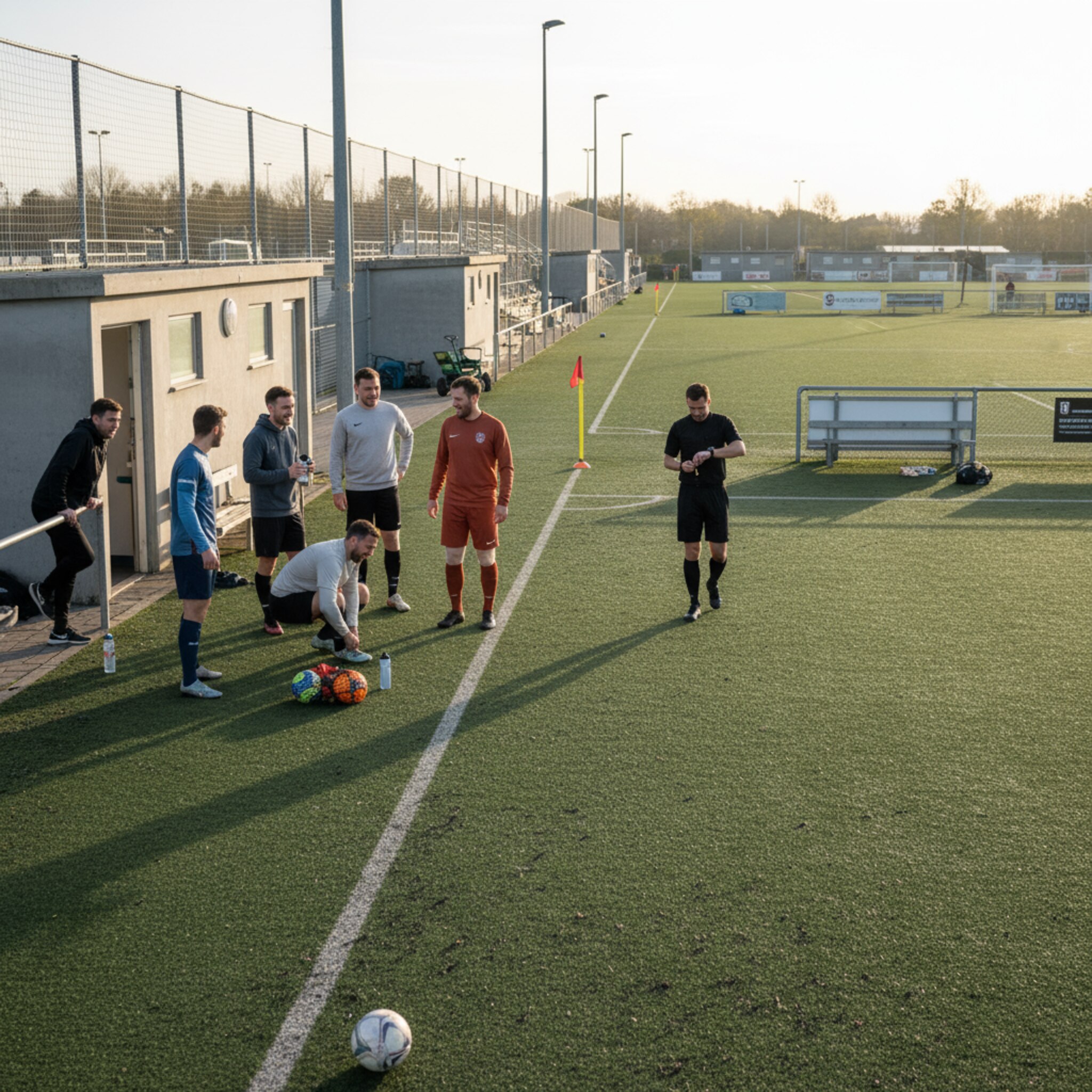 Große Multisportanlage mit mehreren Kleinfeldern, Teams sammeln sich an Kabinen, Schiedsrichter bereitet Anpfiff vor, goldenes Spätnachmittagslicht, realistischer Fotostil