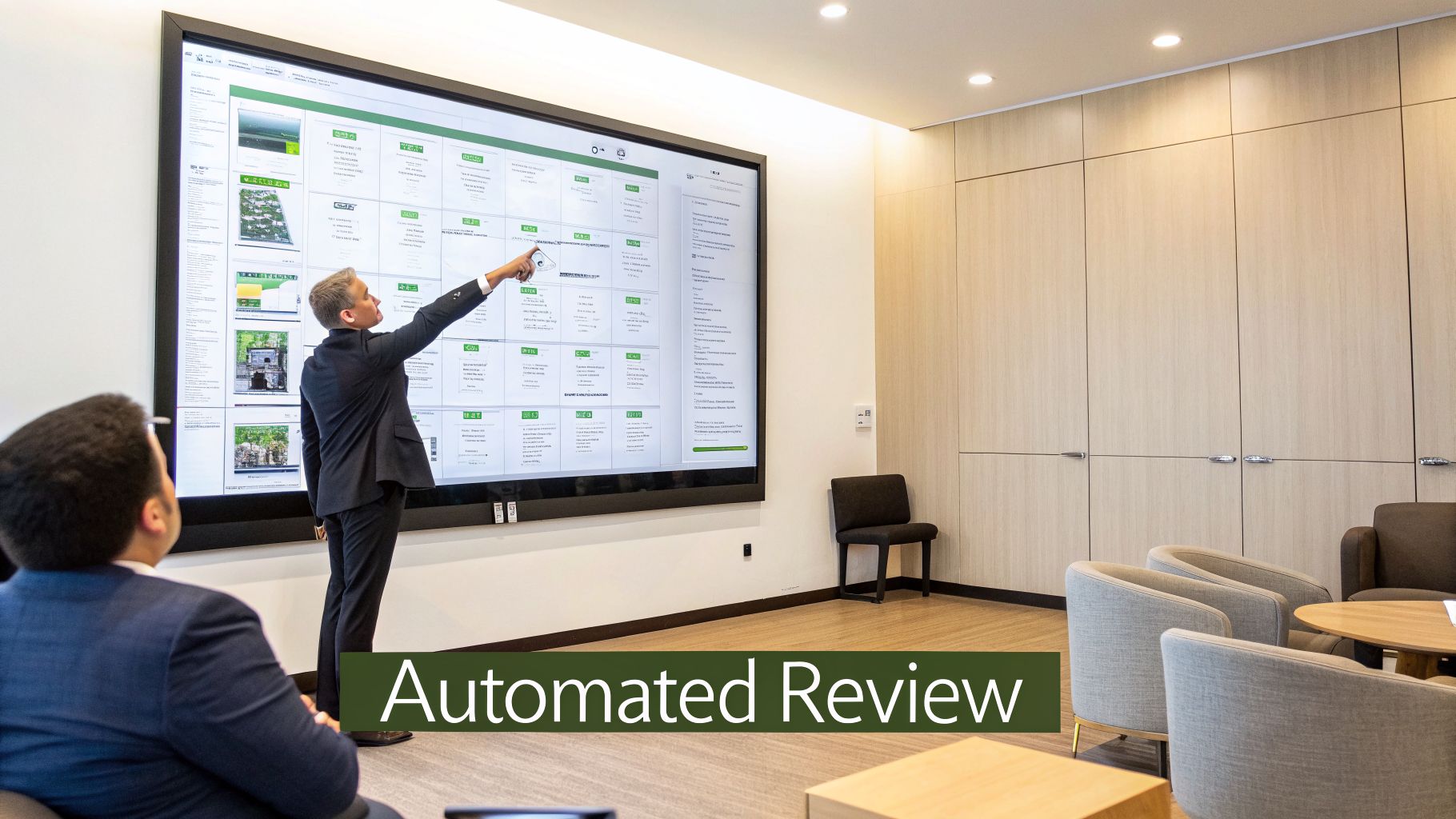 Man in suit points to 'Automated Review' on a large digital screen in a modern office meeting.