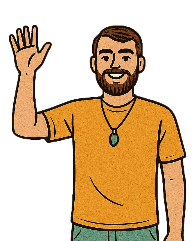 A man is waving his hand. A white guy with a yellow t-shirt, brown hair, and a beard. 
