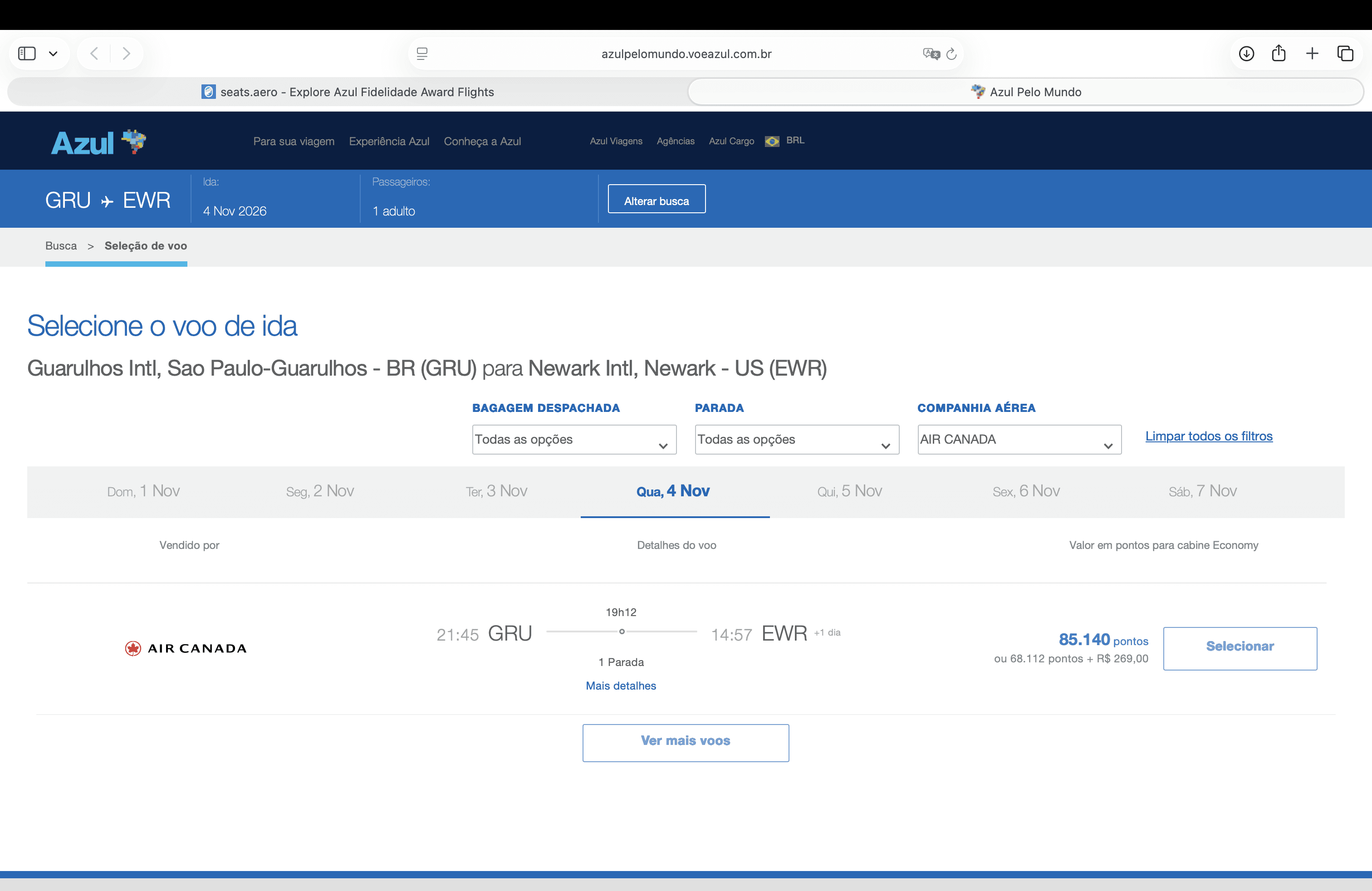 Tela do Azul Fidelidade confirmando emissão GRU–EWR para Nova York com voo da Air Canada por 85.140 pontos Azul.