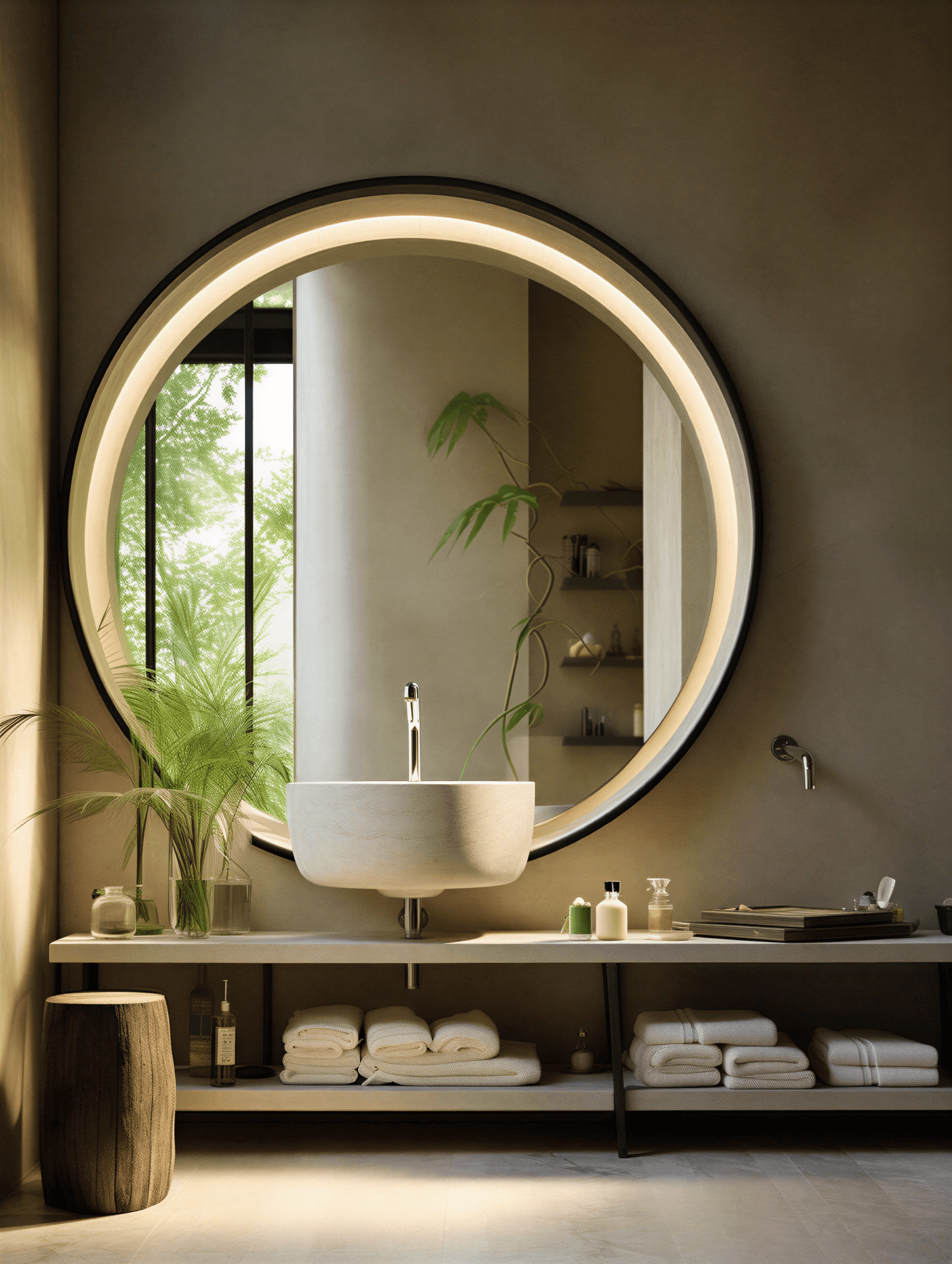 Spa-inspired bathroom with large circular backlit mirror, vessel sink, open shelving with rolled towels, plants, and natural materials