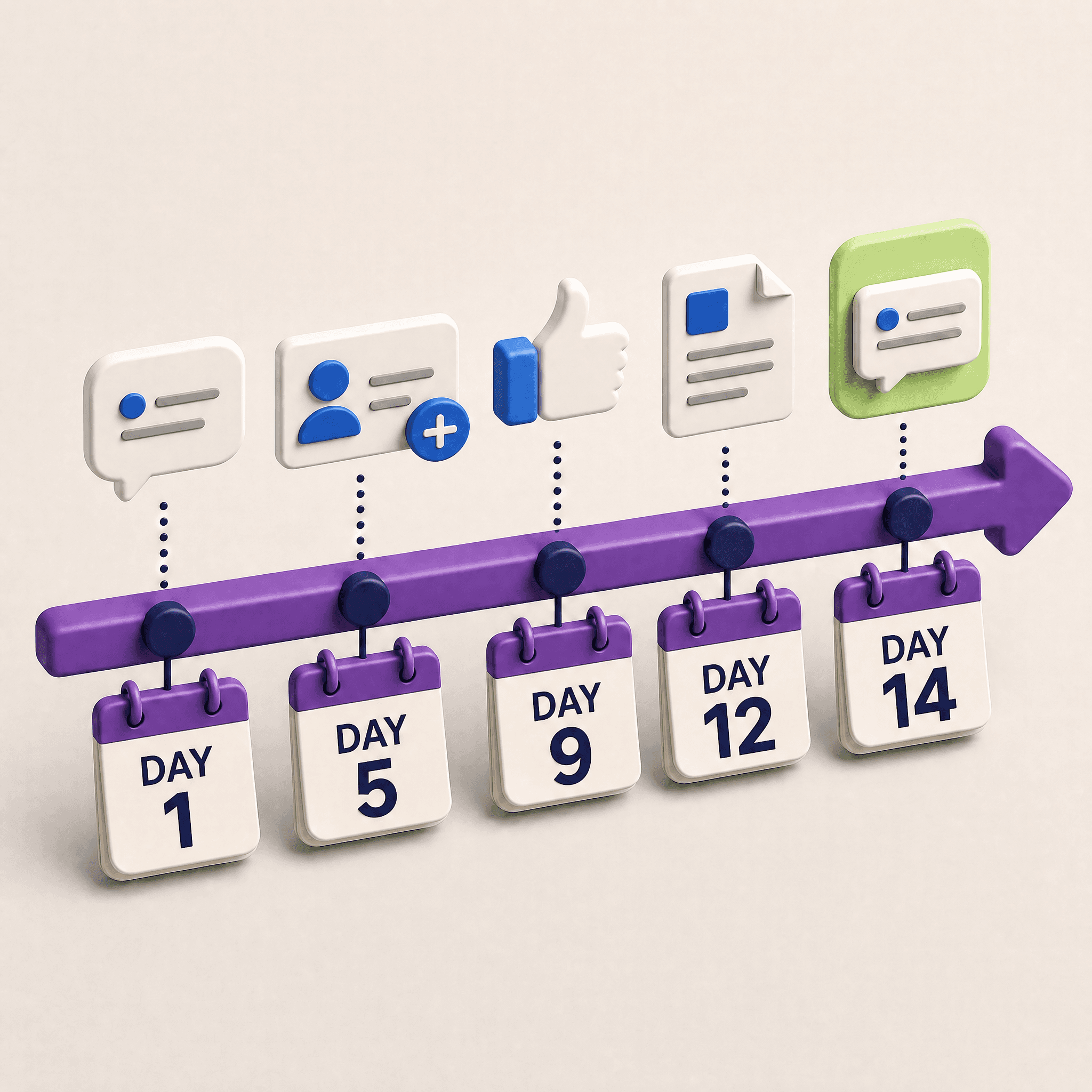 חץ זמן סגול עם חמישה דפי לוח שנה: יום 1, 5, 9, 12 ו-14, ומעליהם תגובה, בקשת חיבור, לייק, מסמך והודעה