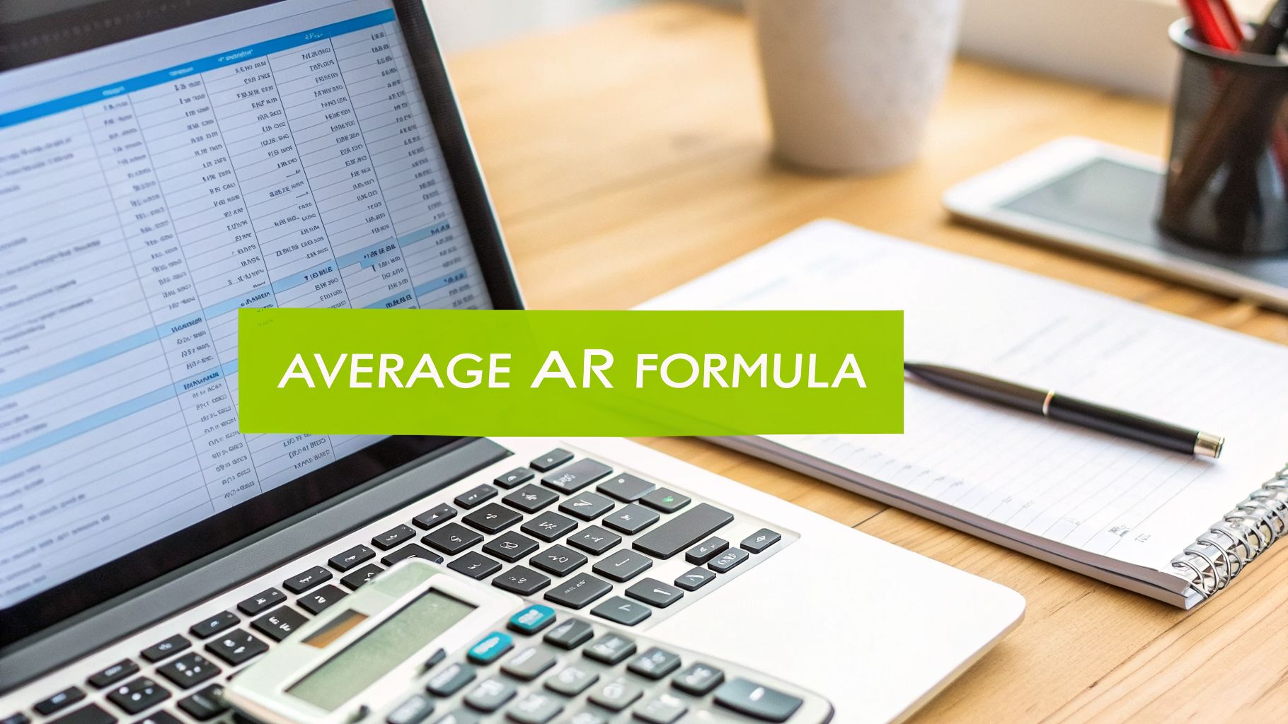 A laptop displaying financial data, a calculator, and office supplies with 'AVERAGE AR FORMULA' text overlay.