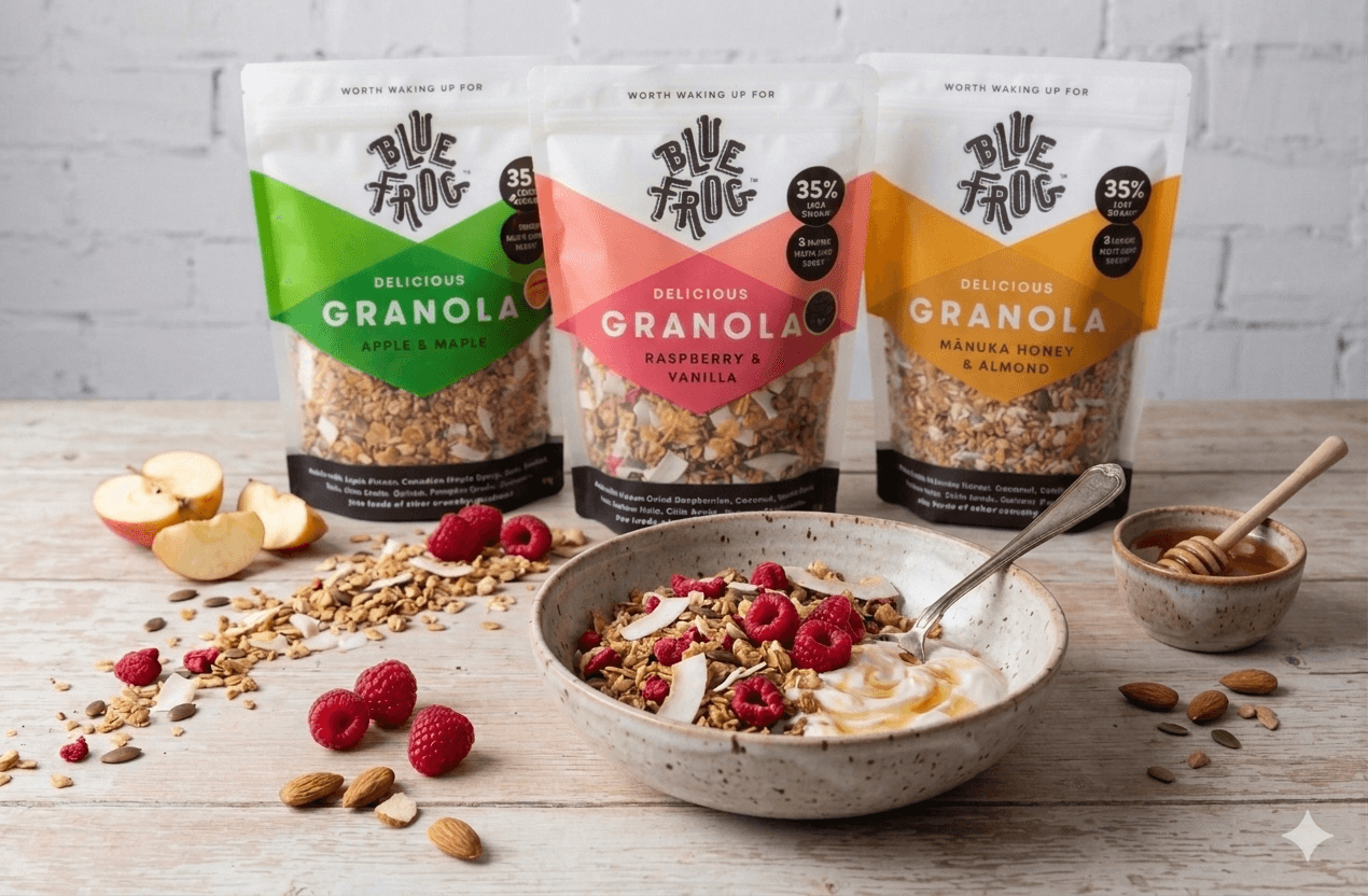 Colourful and minimalist granola packaging
