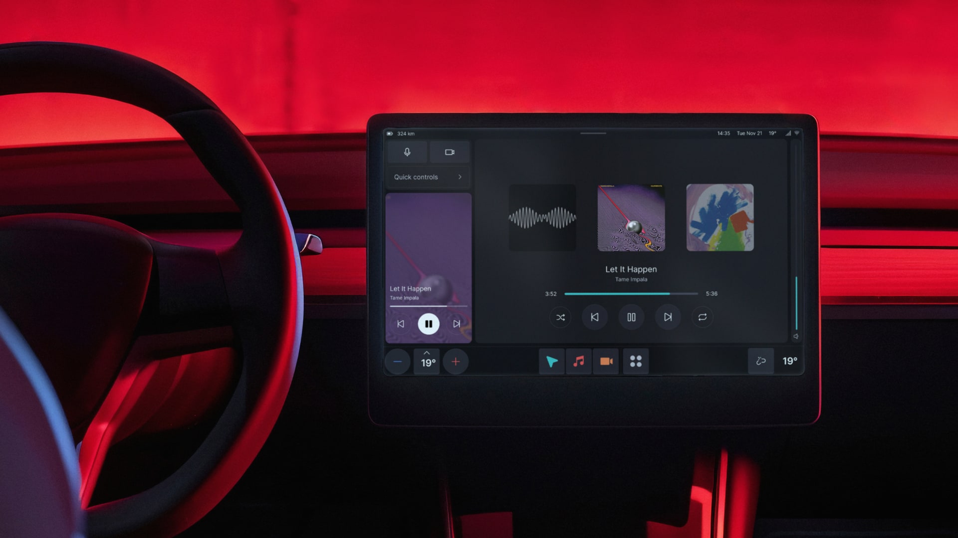 Snapp Automotive infotainment dashboard with media player and red ambient interior lighting