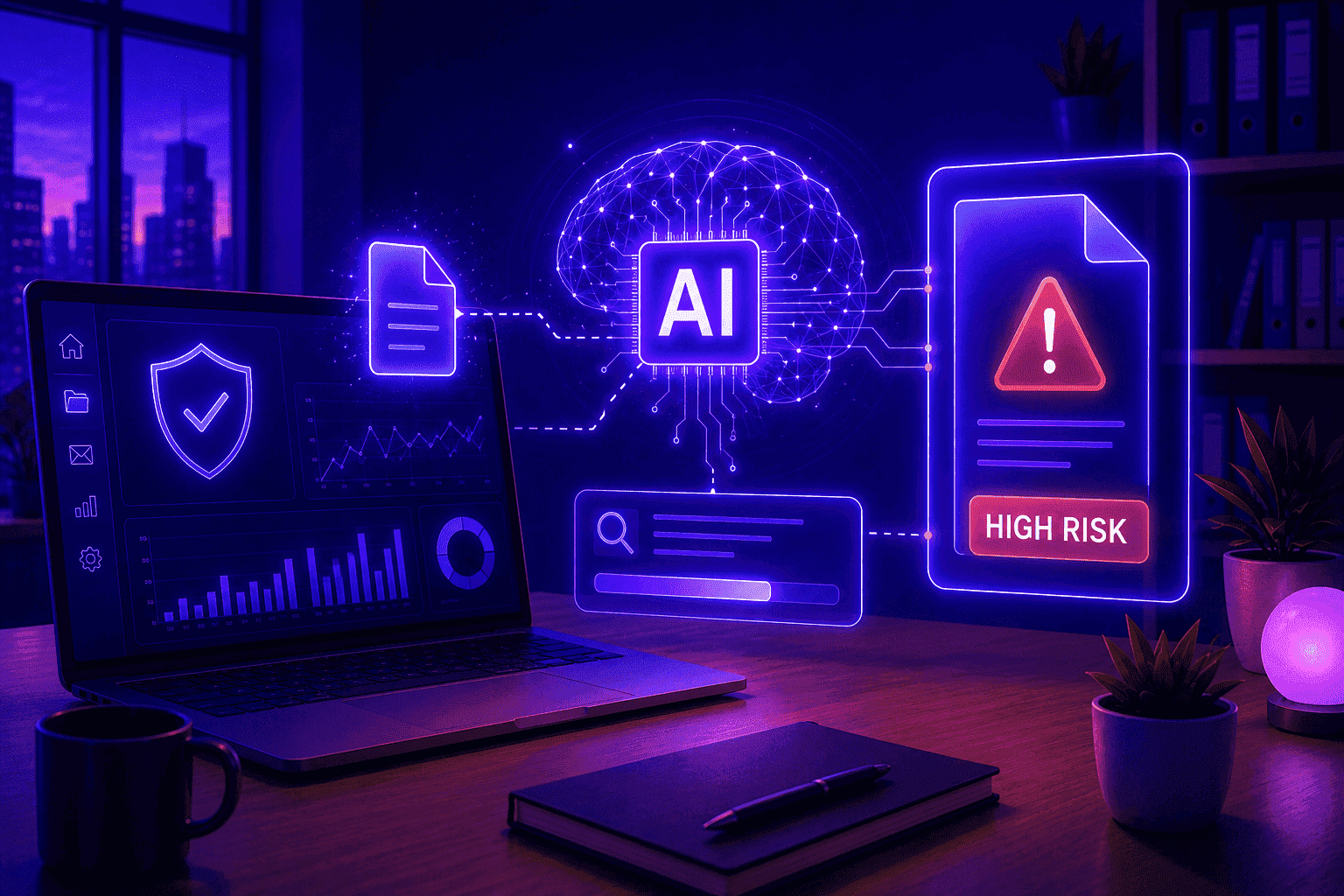 Artificial intelligence analyzing a file and identifying a potential data loss risk through an advanced DLP system.