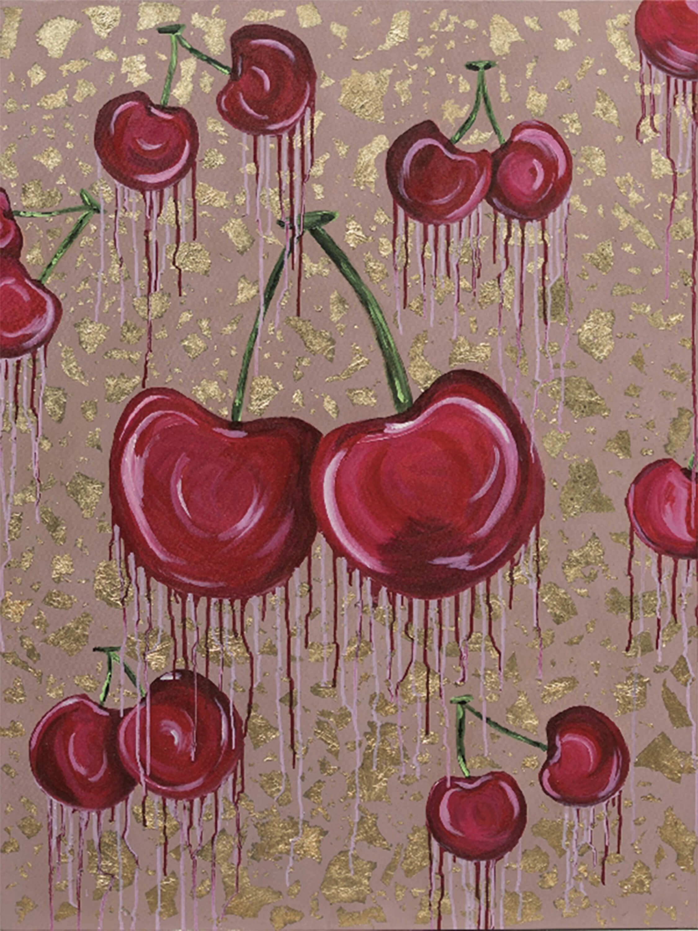 Painting of glossy red cherries dripping over a pink background with scattered gold leaf.