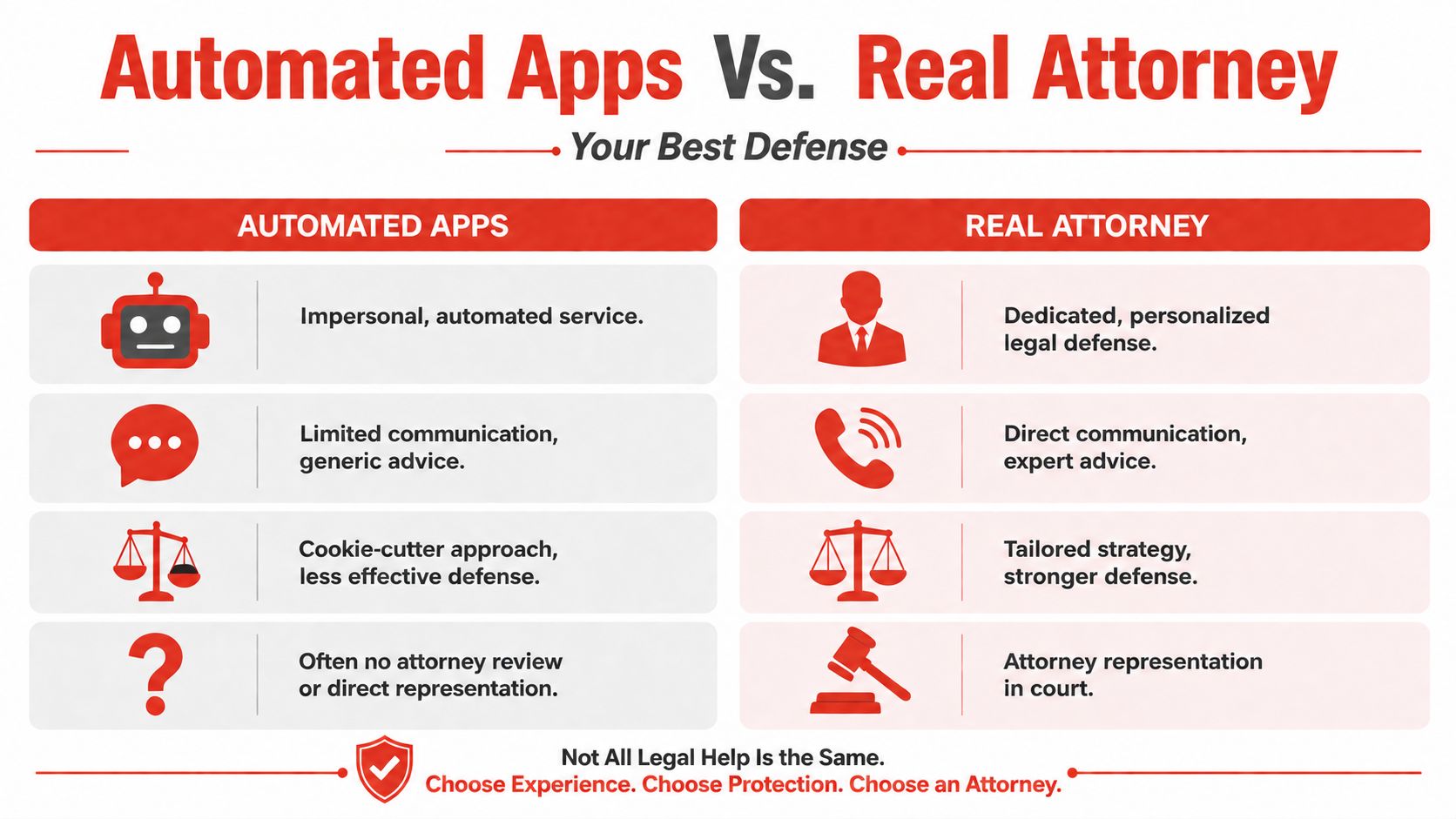 A comparison chart showing the differences between automated legal apps and representation by a real attorney.